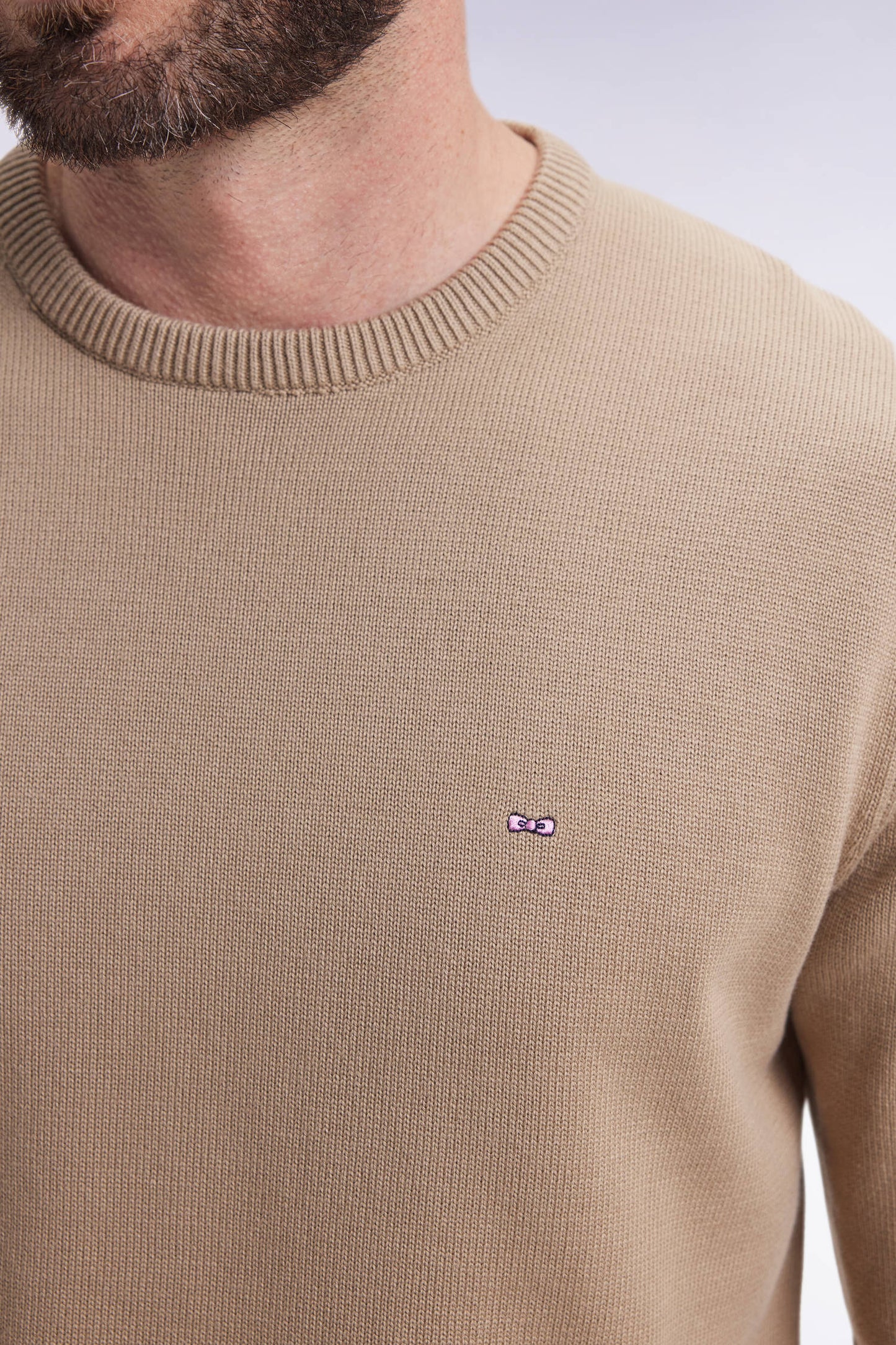 Round-neck sweater in thick beige cotton