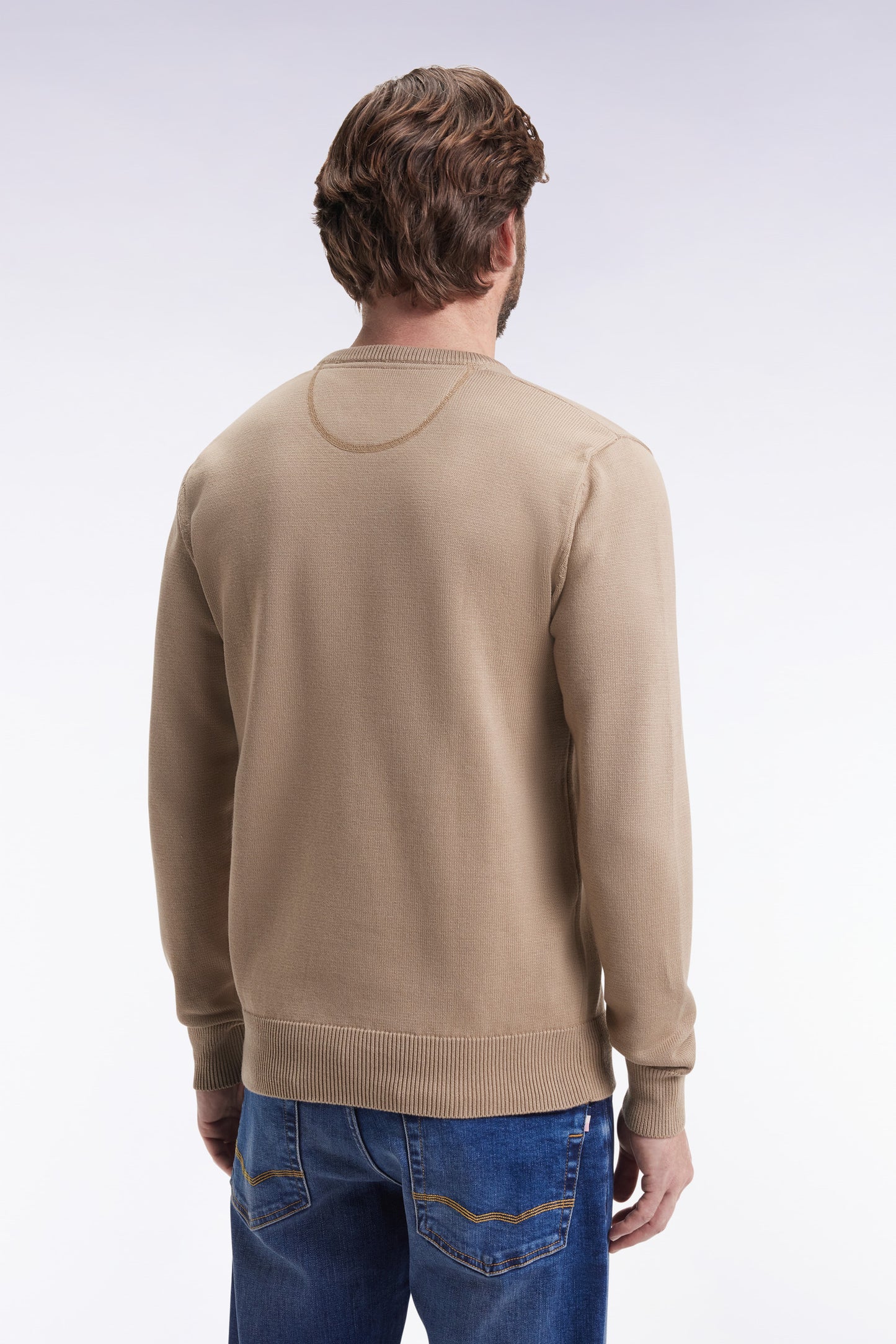 Round-neck sweater in thick beige cotton
