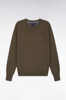 Round-neck sweater in thick khaki cotton