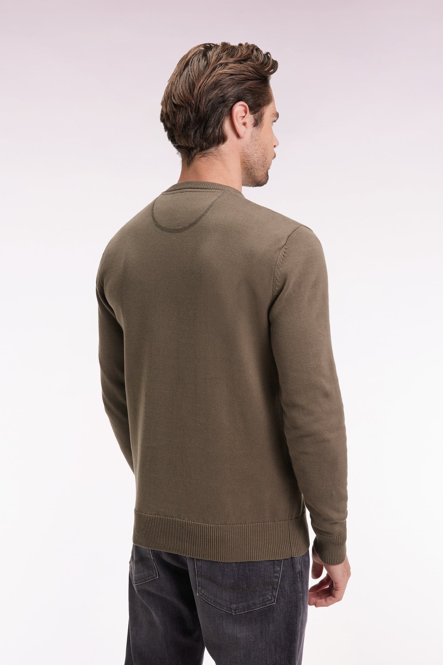 Round-neck sweater in thick khaki cotton