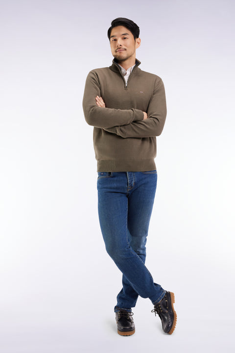 Truck-neck sweater in thick khaki cotton - Image 1