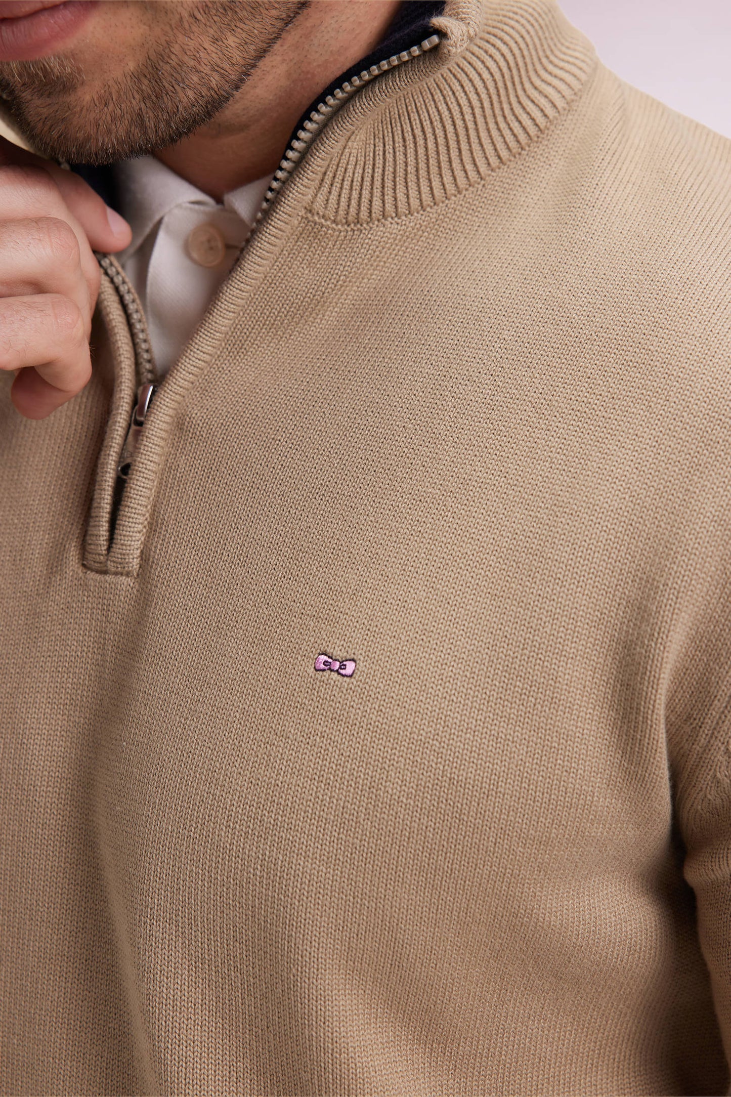 Beige heavy cotton trucker-neck sweater