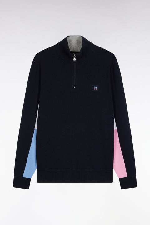 Pull col camionneur en coton noir à manches contrastées grises - Image 2