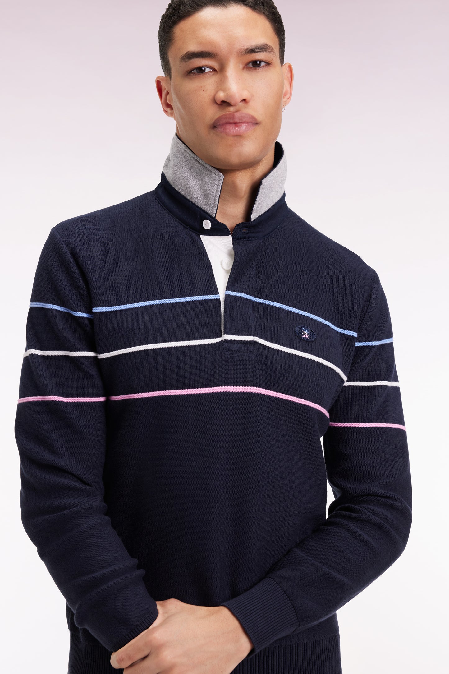 Navy cotton jersey-neck sweater with embroidered back