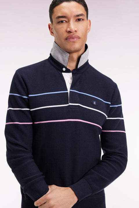 Navy cotton jersey-neck sweater with embroidered back - Image 1