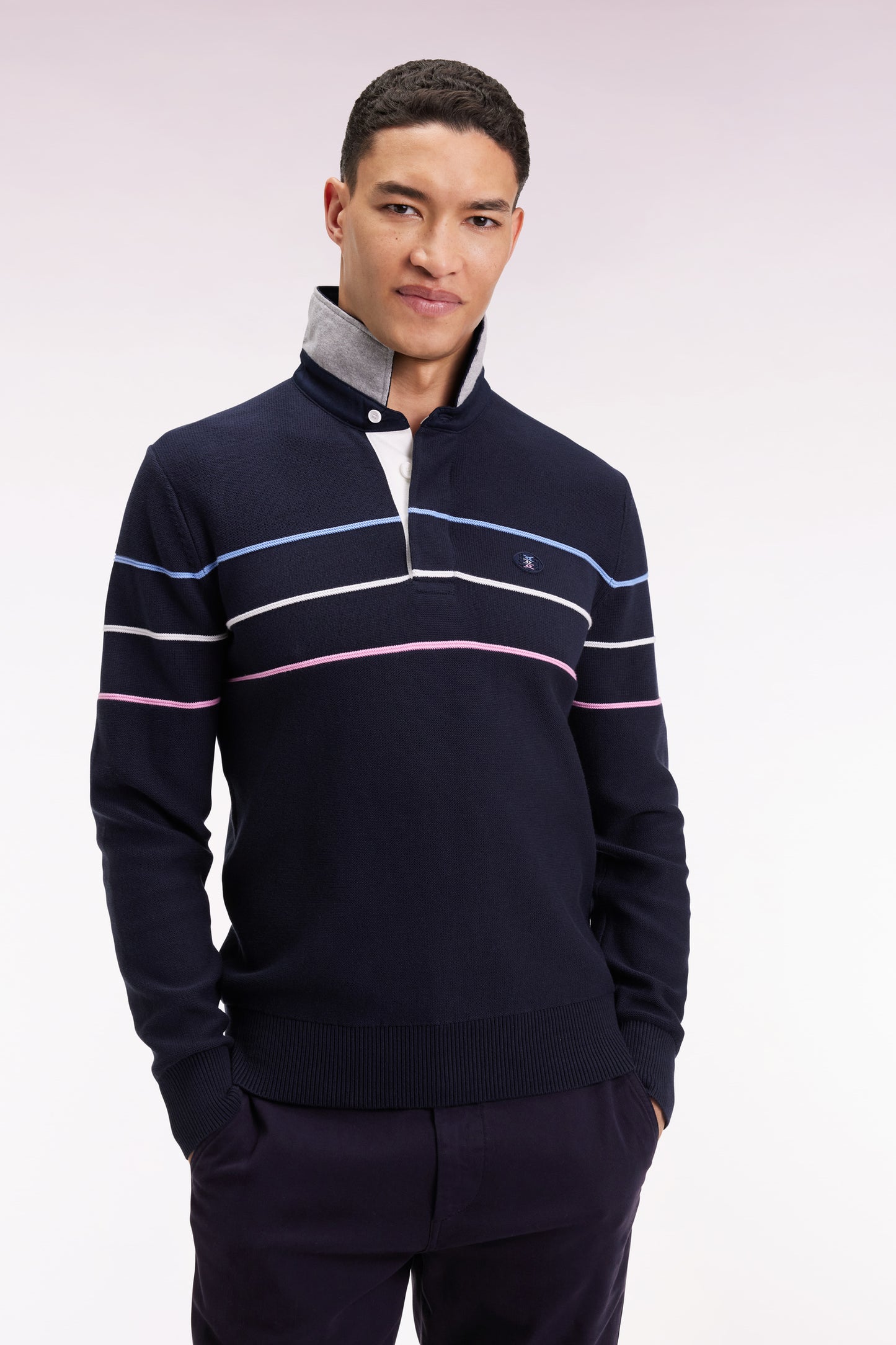 Navy cotton jersey-neck sweater with embroidered back