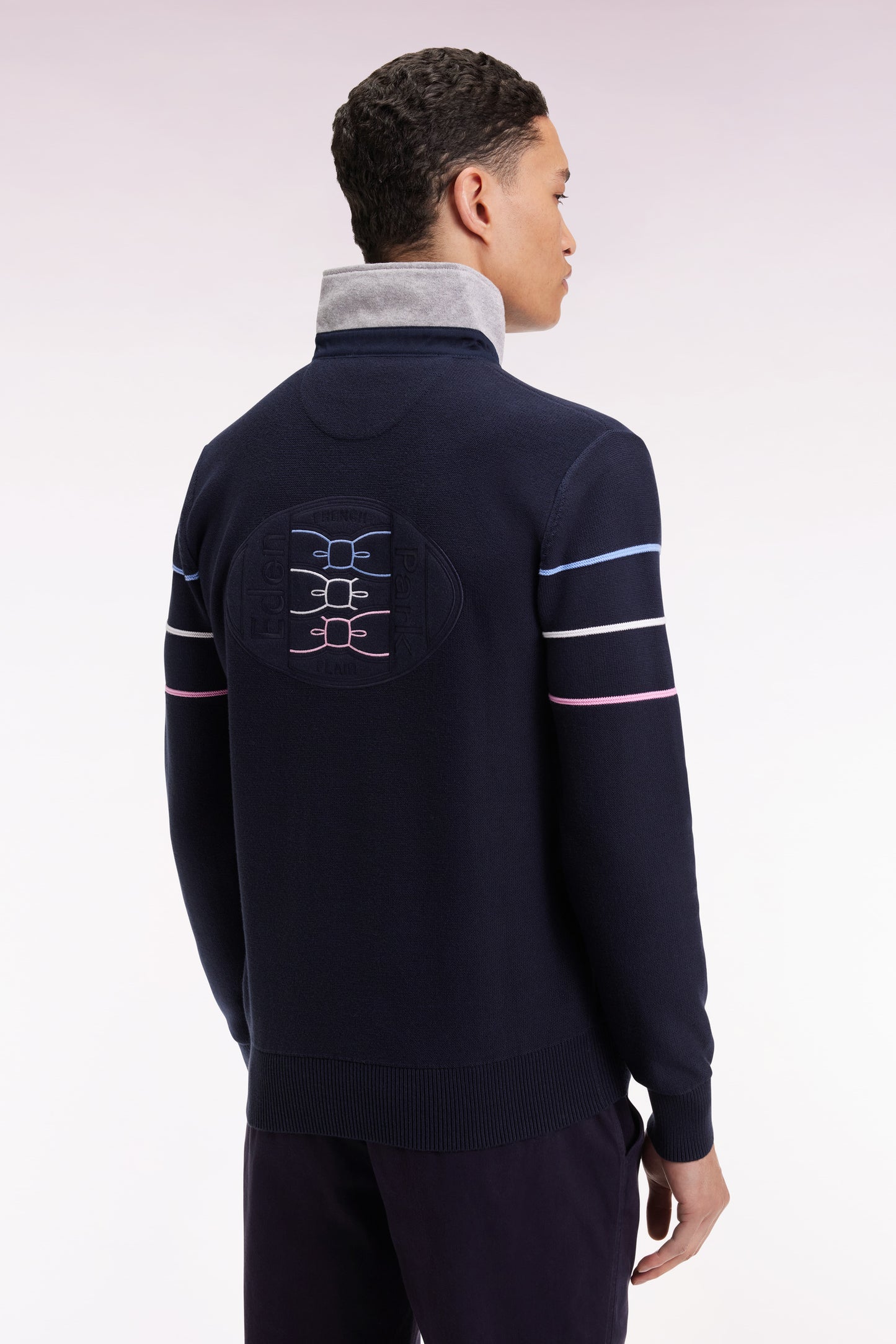 Navy cotton jersey-neck sweater with embroidered back