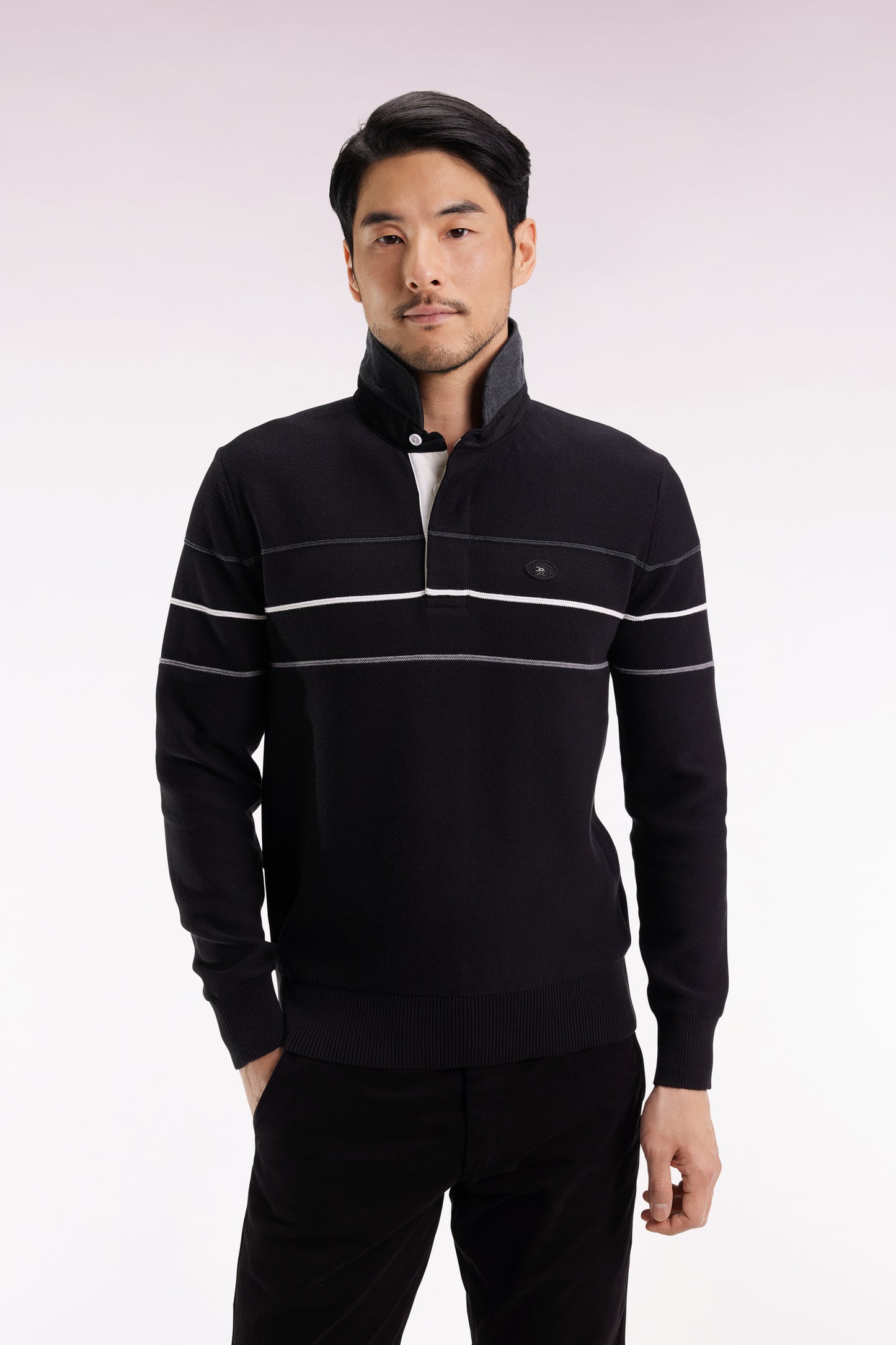 Black cotton jersey-neck sweater with embroidered back