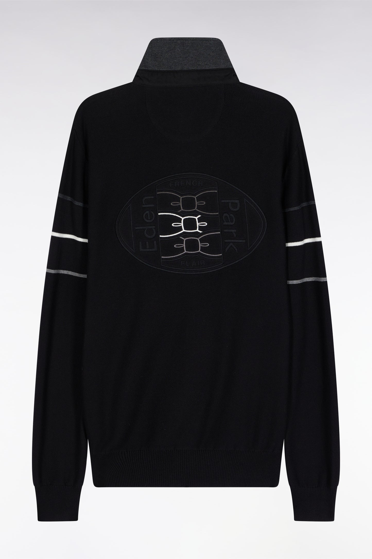Black cotton jersey-neck sweater with embroidered back