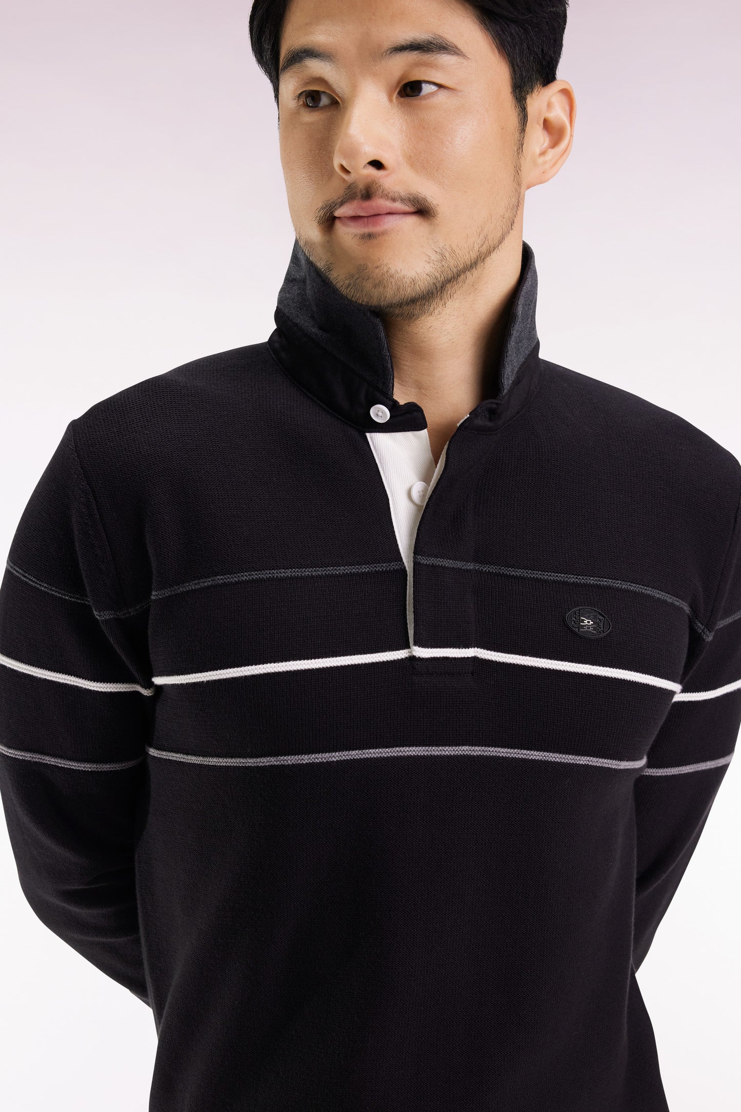 Black cotton jersey-neck sweater with embroidered back