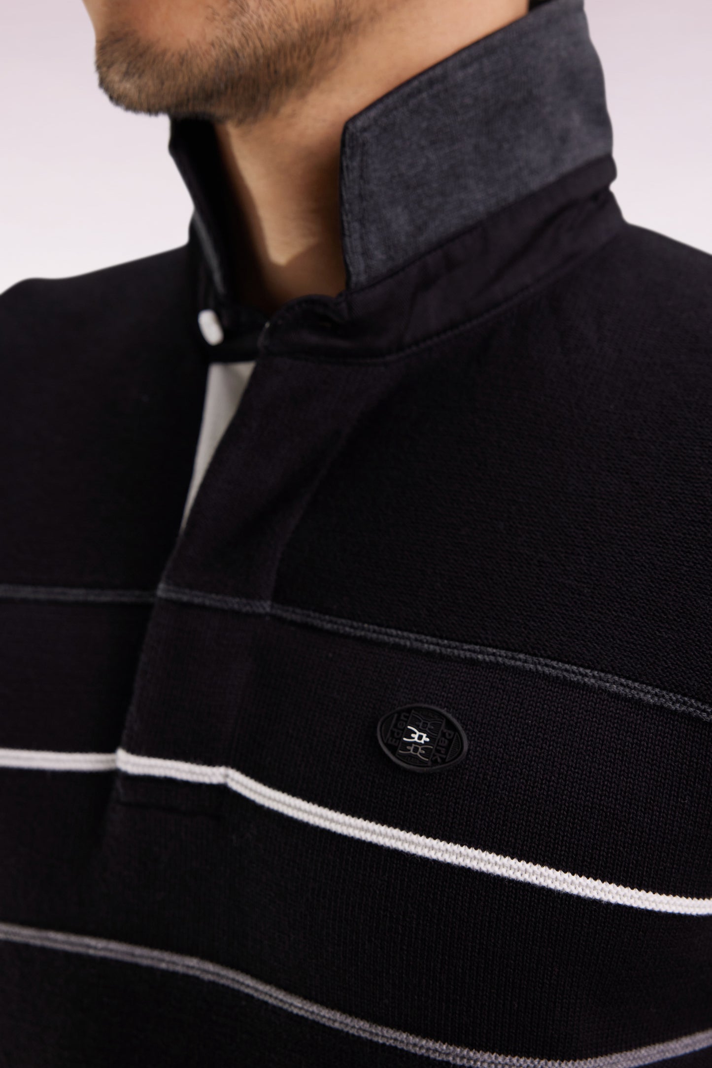 Black cotton jersey-neck sweater with embroidered back