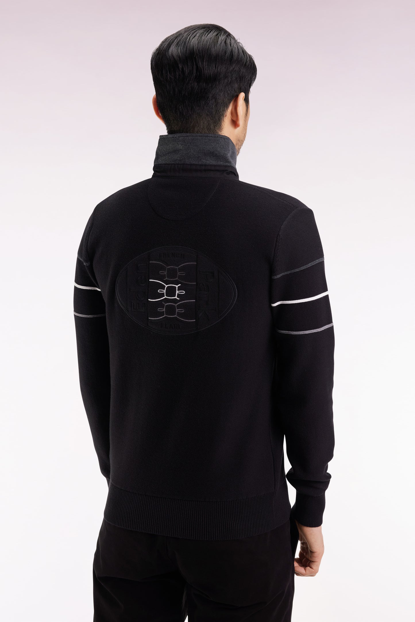 Black cotton jersey-neck sweater with embroidered back