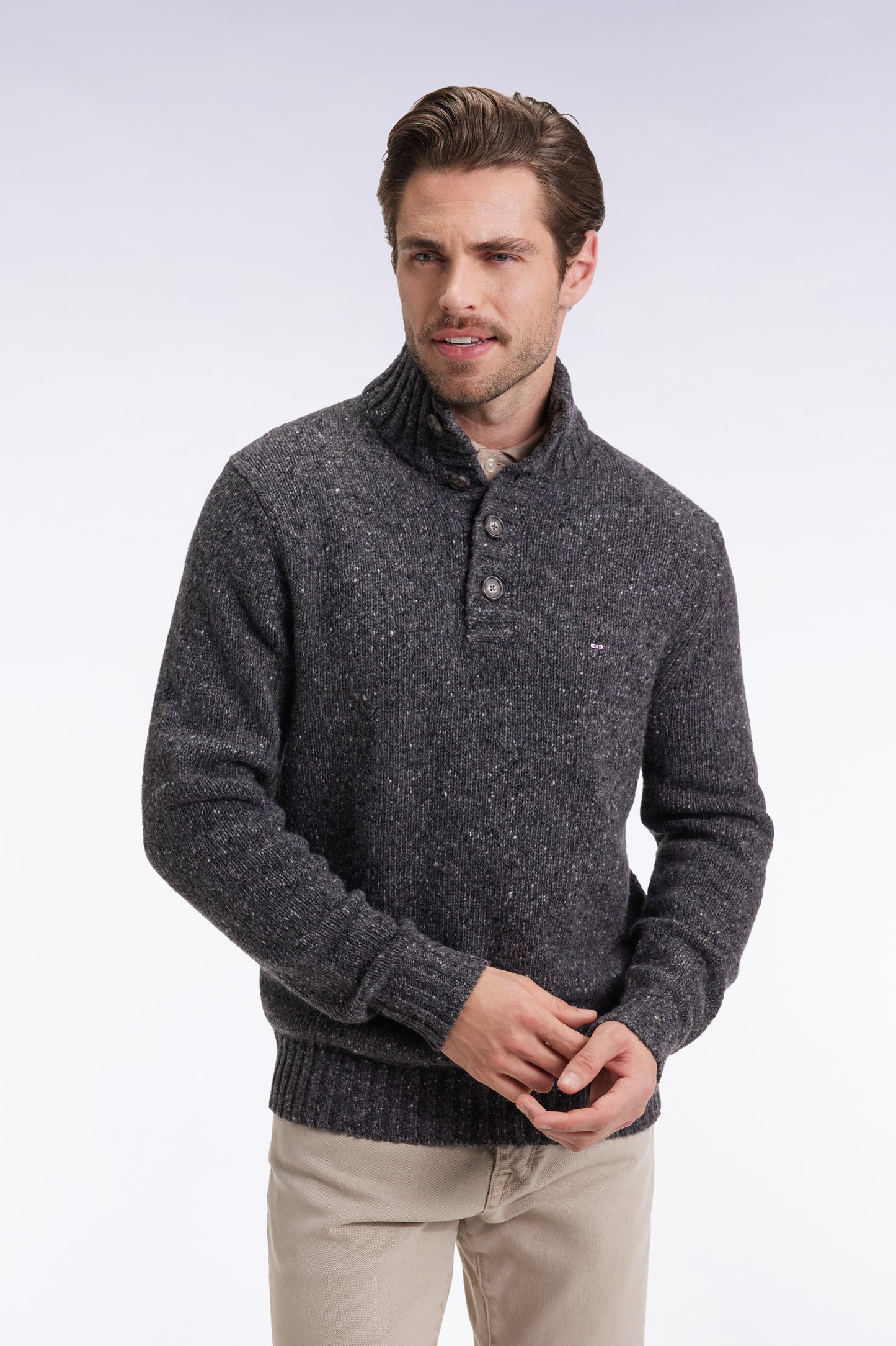 Grey virgin wool blend stand-up collar sweater