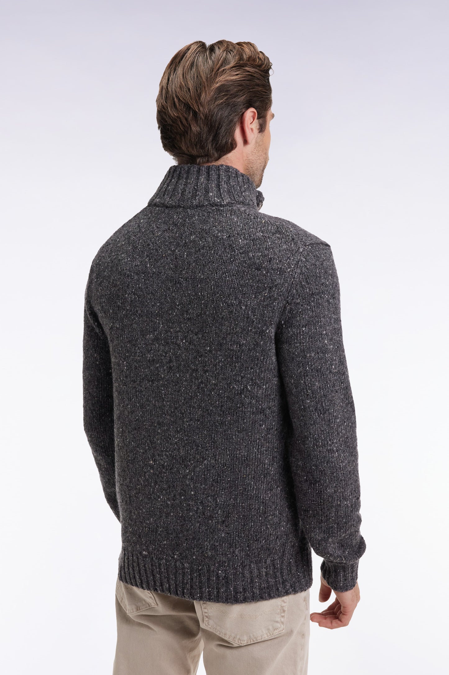Grey virgin wool blend stand-up collar sweater