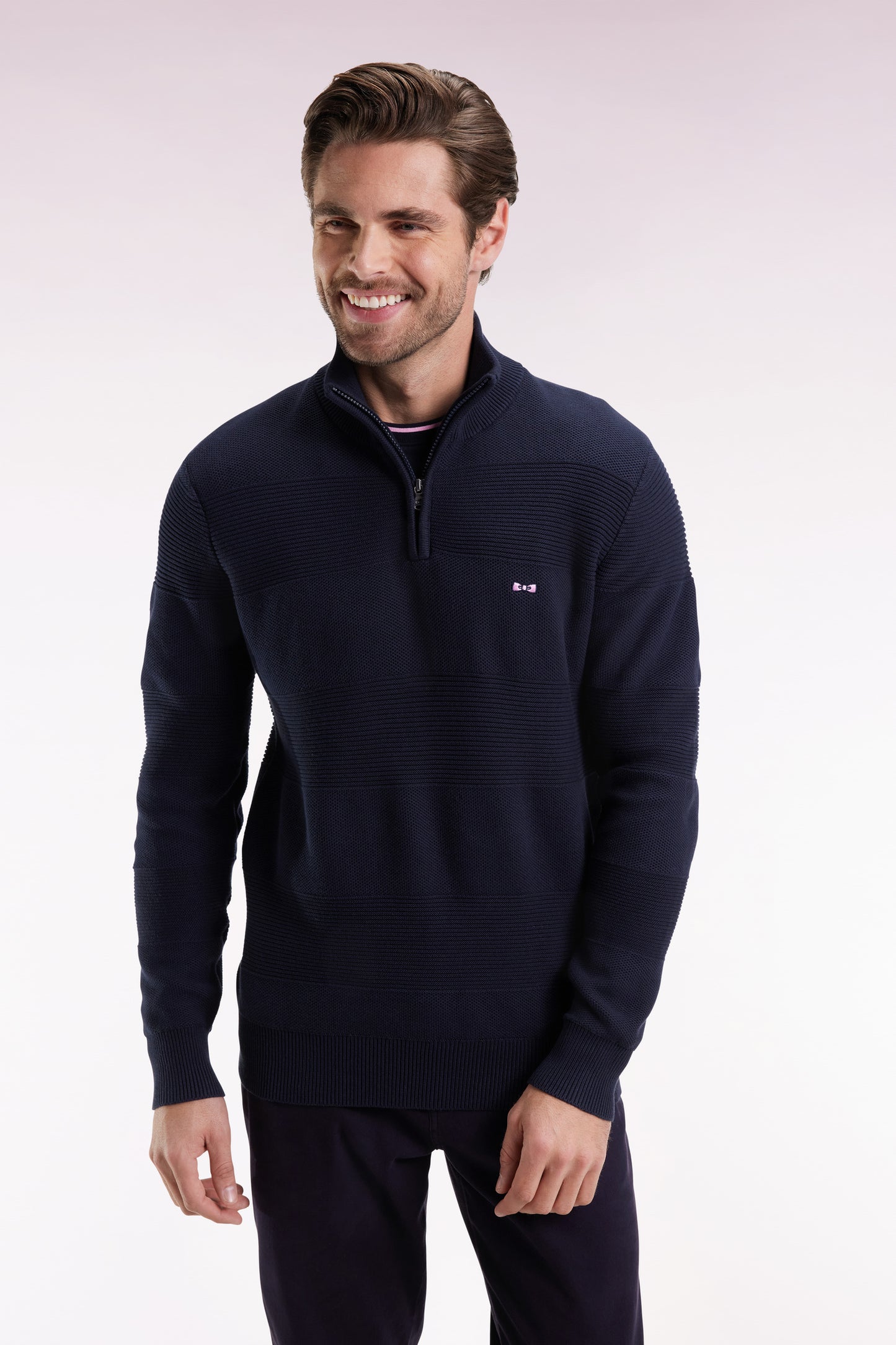 Navy cotton trucker-neck sweater with stripe effect