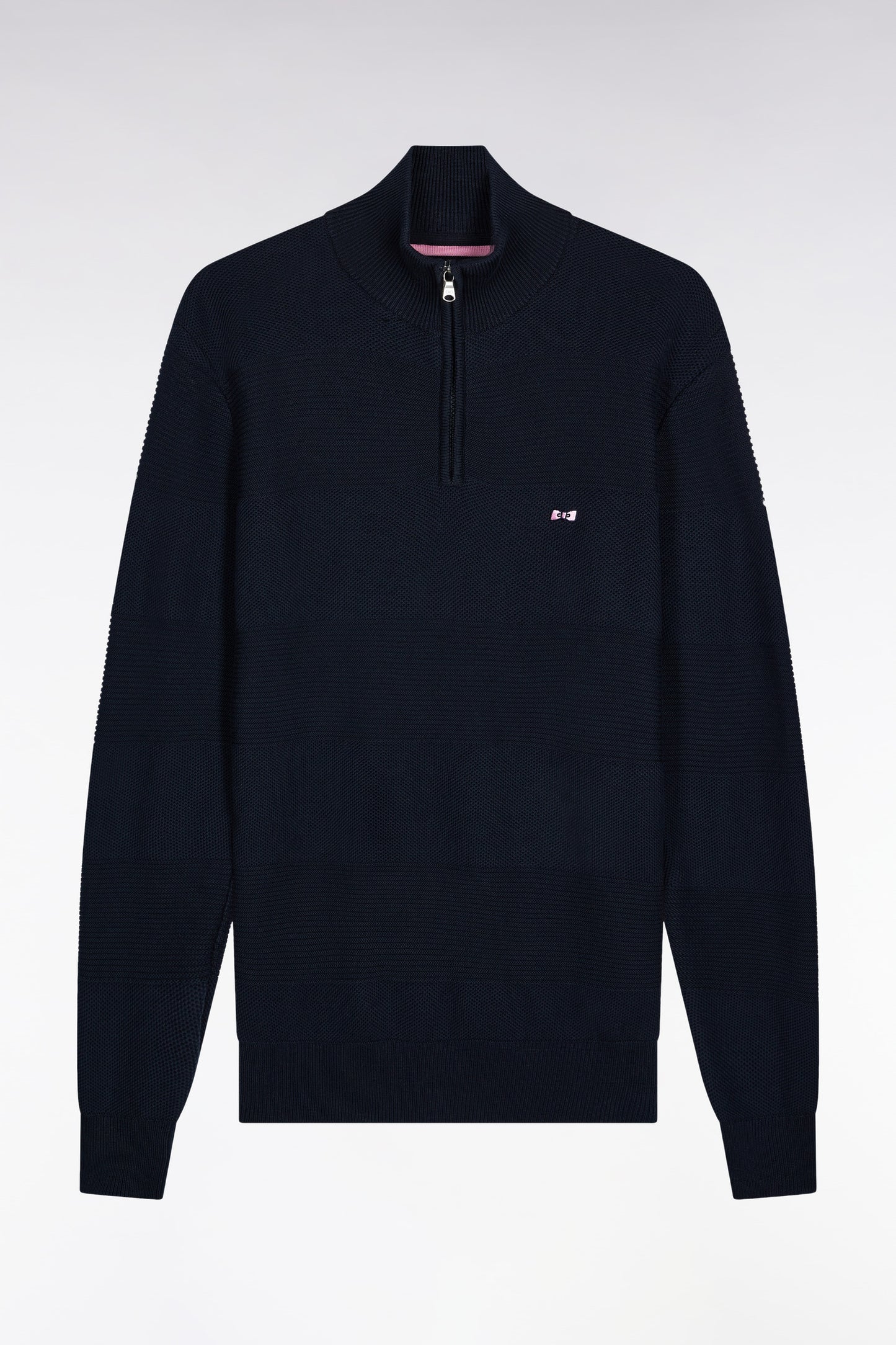 Navy cotton trucker-neck sweater with stripe effect