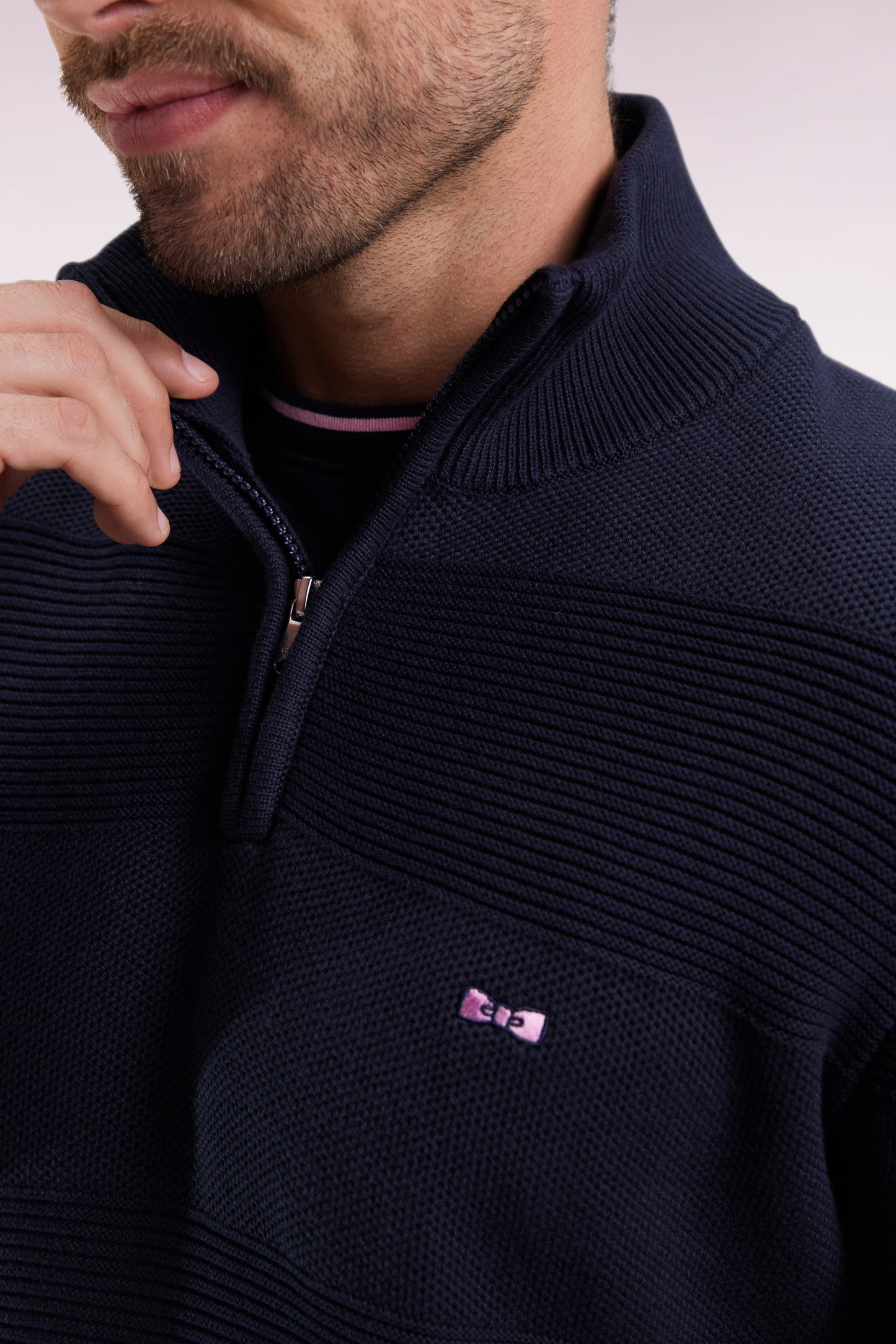 Navy cotton trucker-neck sweater with stripe effect