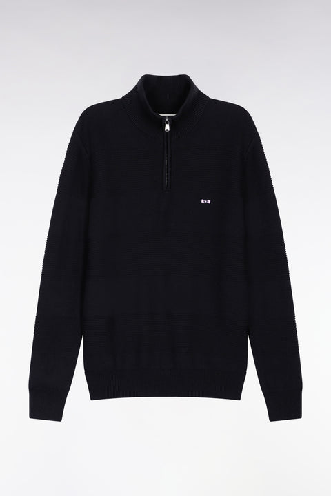 Black cotton trucker-neck sweater with stripe effect - Image 2