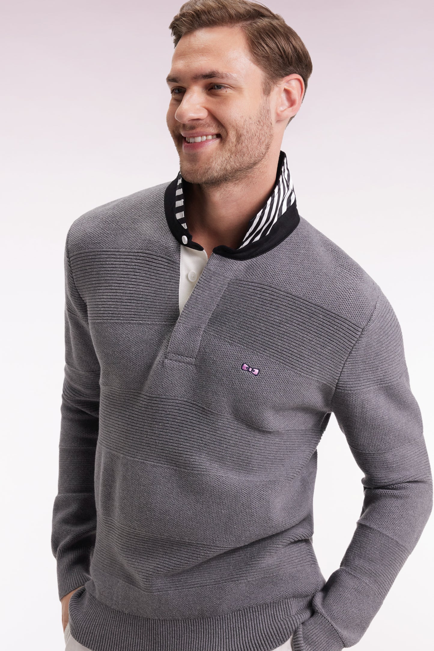 Grey cotton jersey-neck sweater with stripe effect