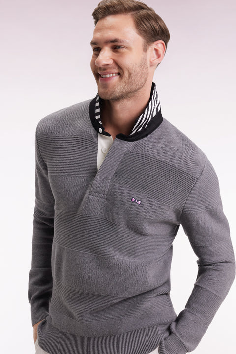 Grey cotton jersey-neck sweater with stripe effect - Image 1