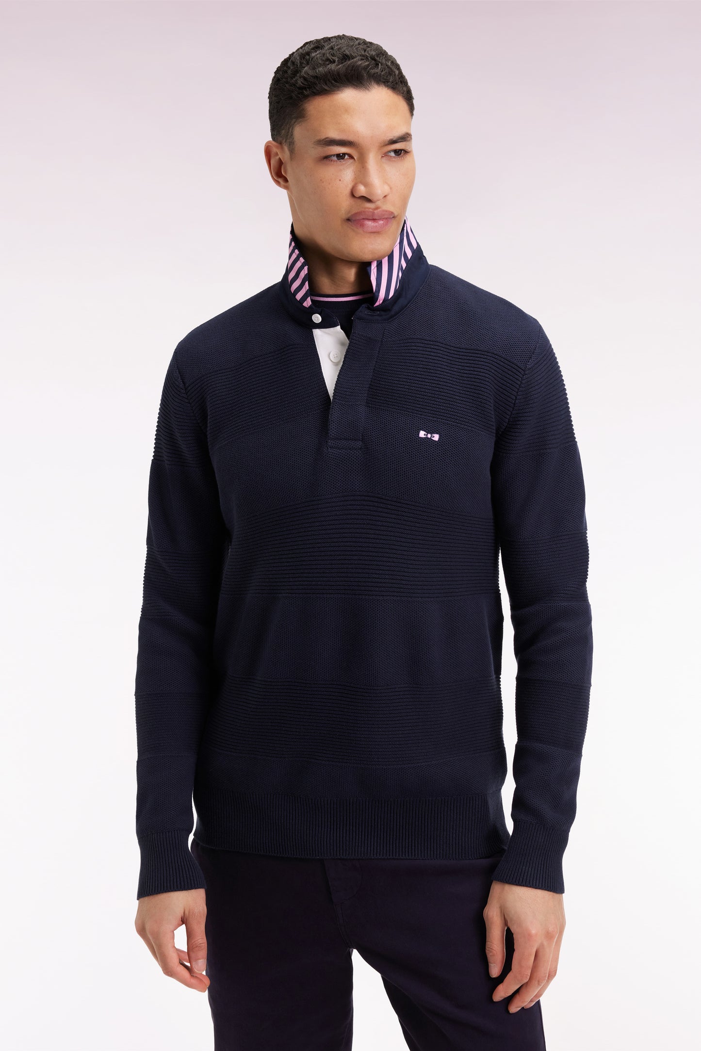 Navy cotton jersey-neck sweater with stripe effect