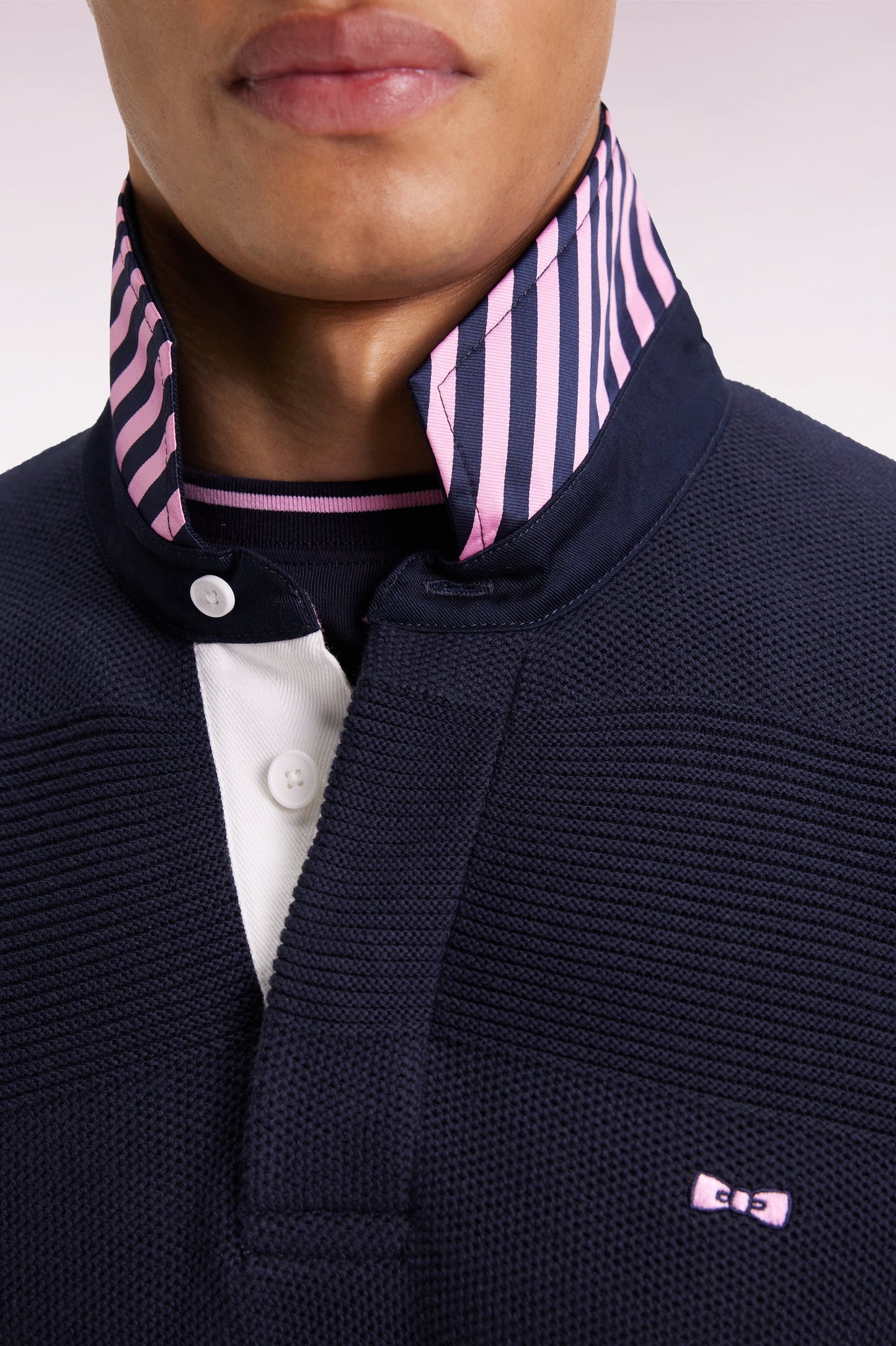 Navy cotton jersey-neck sweater with stripe effect