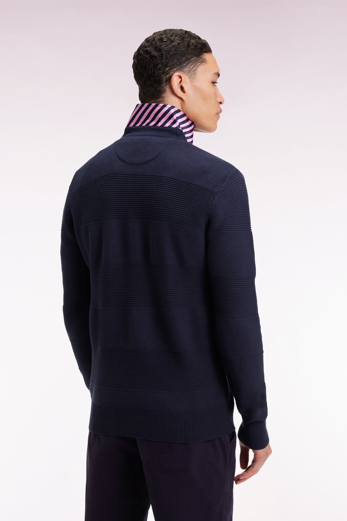 Navy cotton jersey-neck sweater with stripe effect