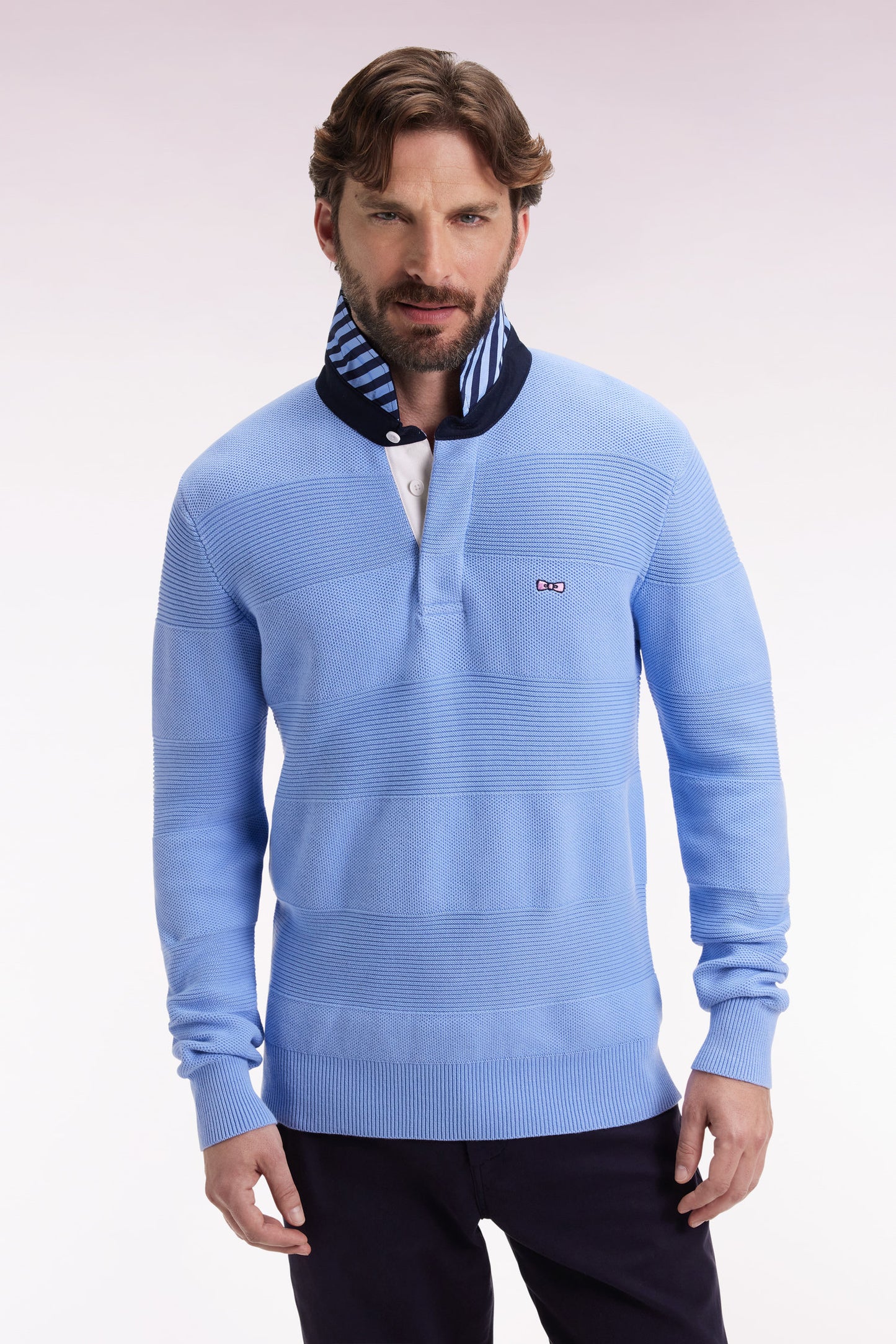 Sky cotton jersey-neck sweater with stripe effect