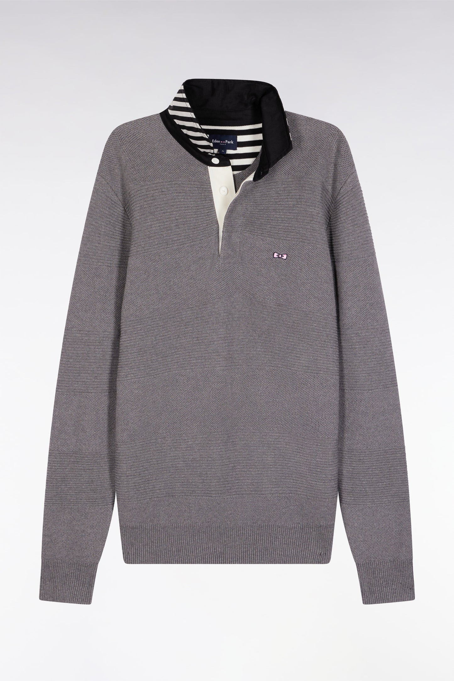 Grey cotton jersey-neck sweater with stripe effect