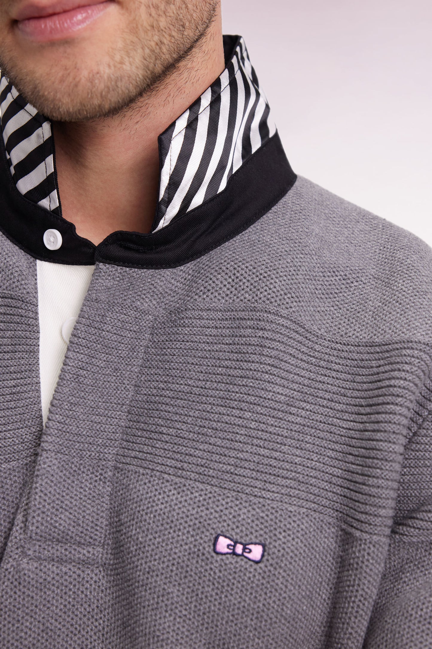 Grey cotton jersey-neck sweater with stripe effect