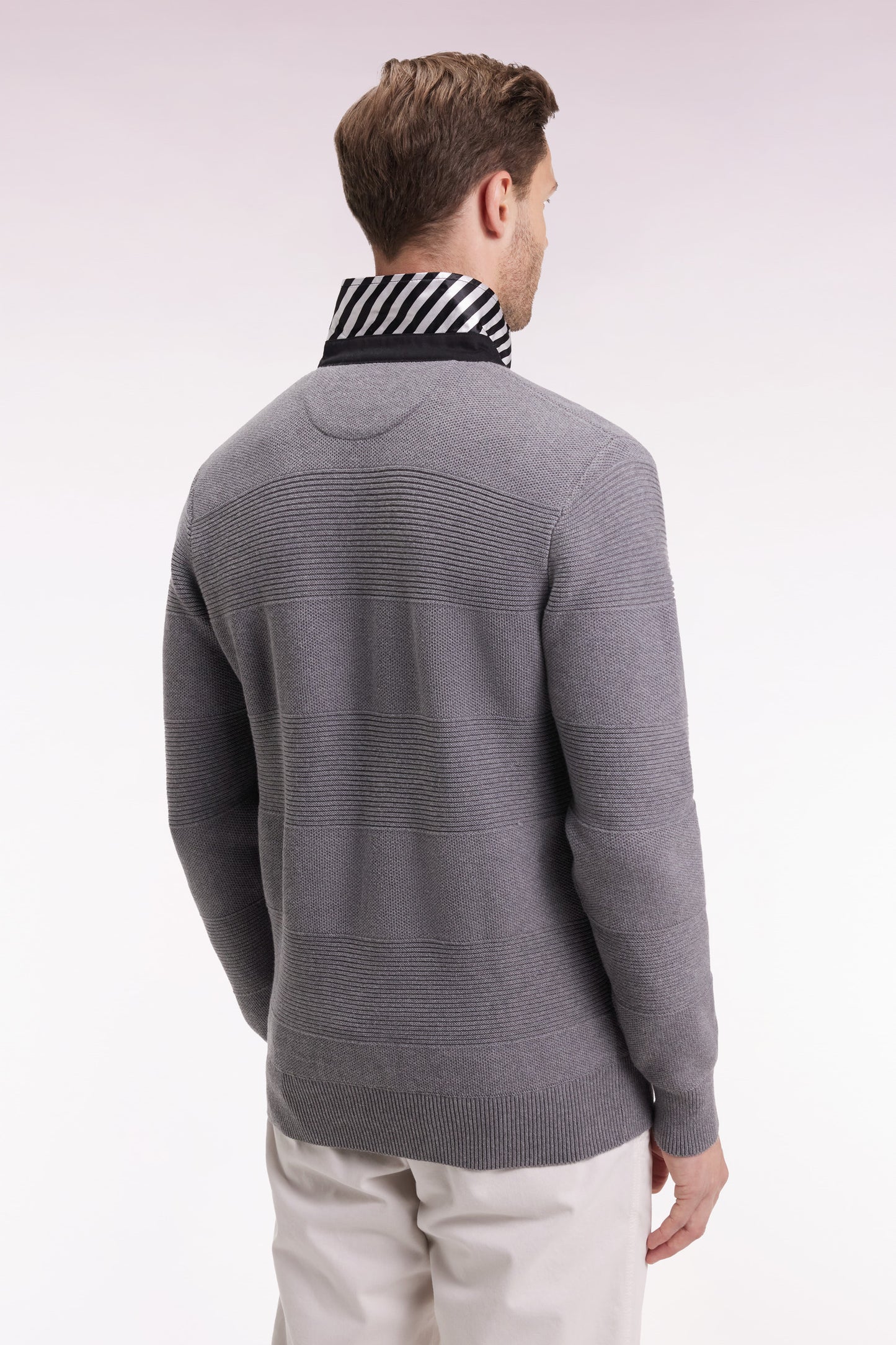 Grey cotton jersey-neck sweater with stripe effect
