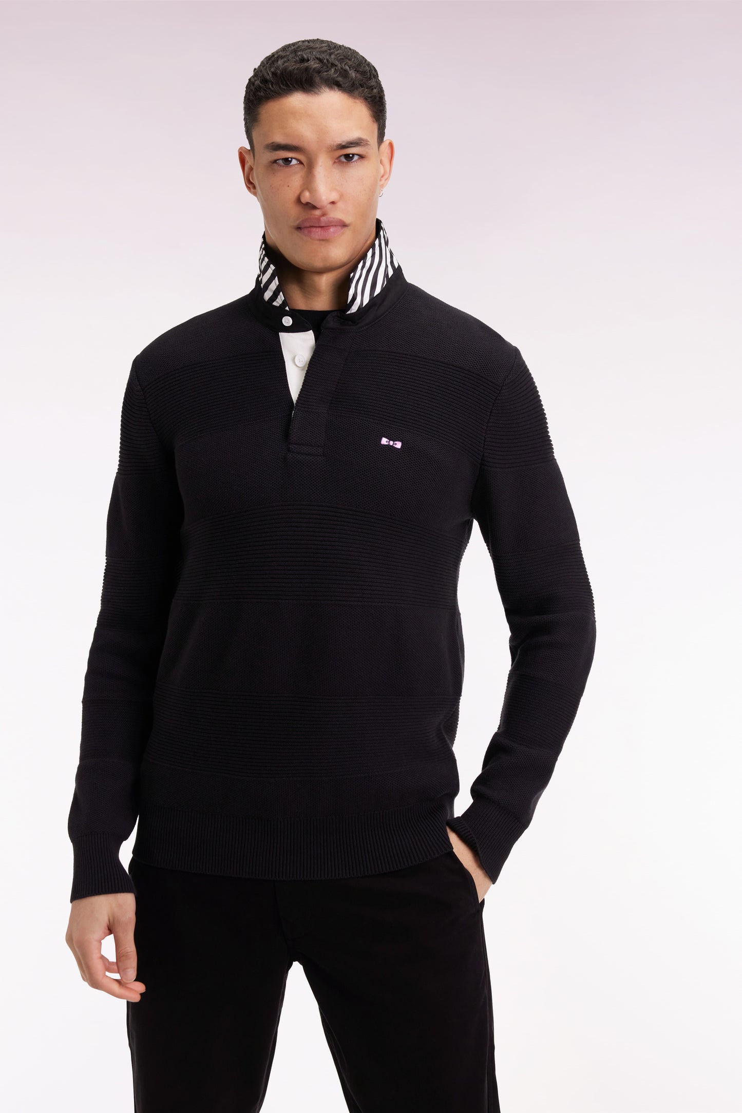 Black cotton jersey-neck sweater with stripe effect