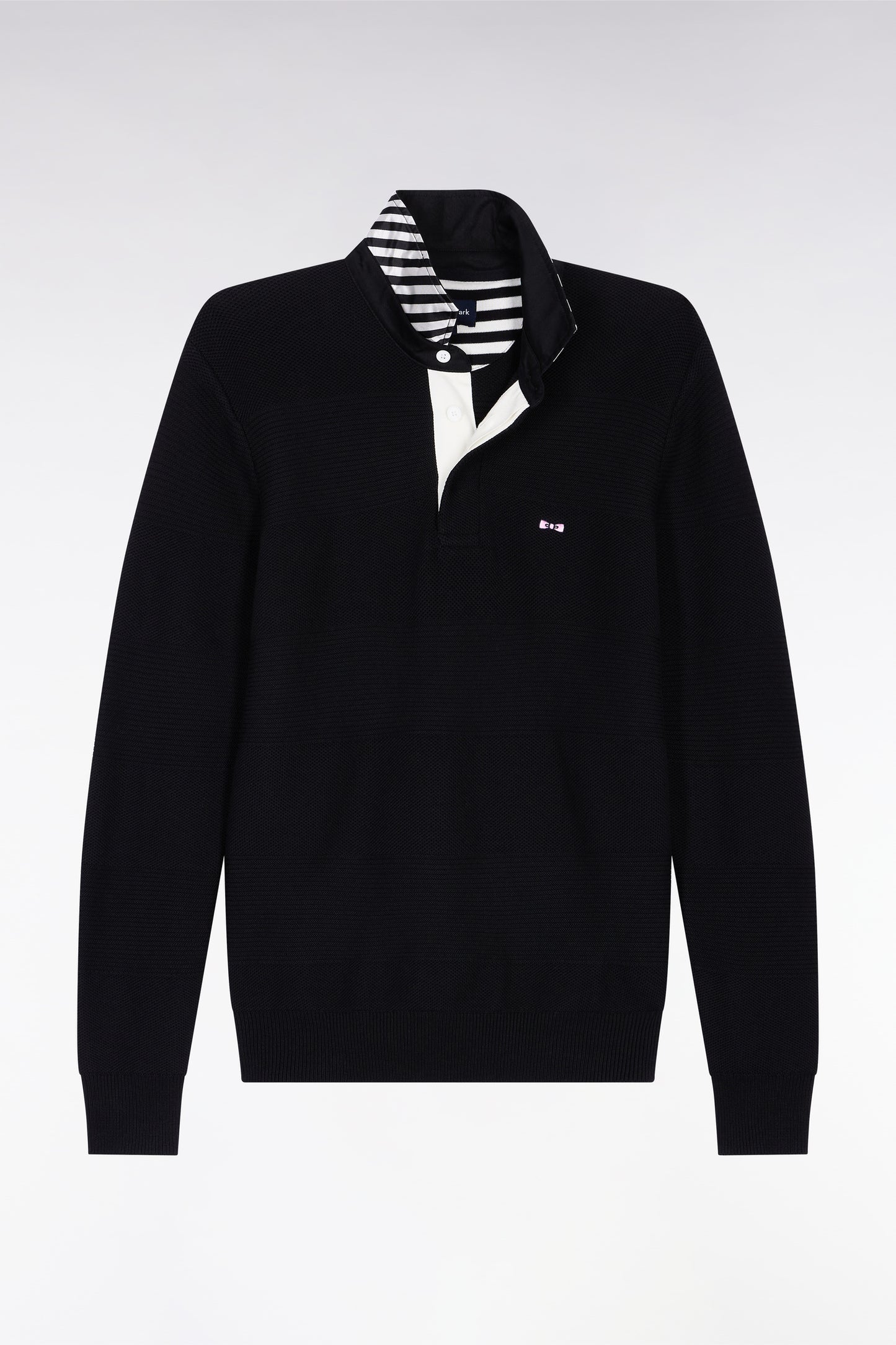 Black cotton jersey-neck sweater with stripe effect