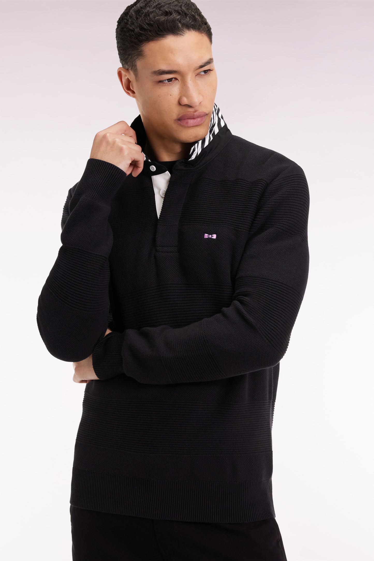 Black cotton jersey-neck sweater with stripe effect