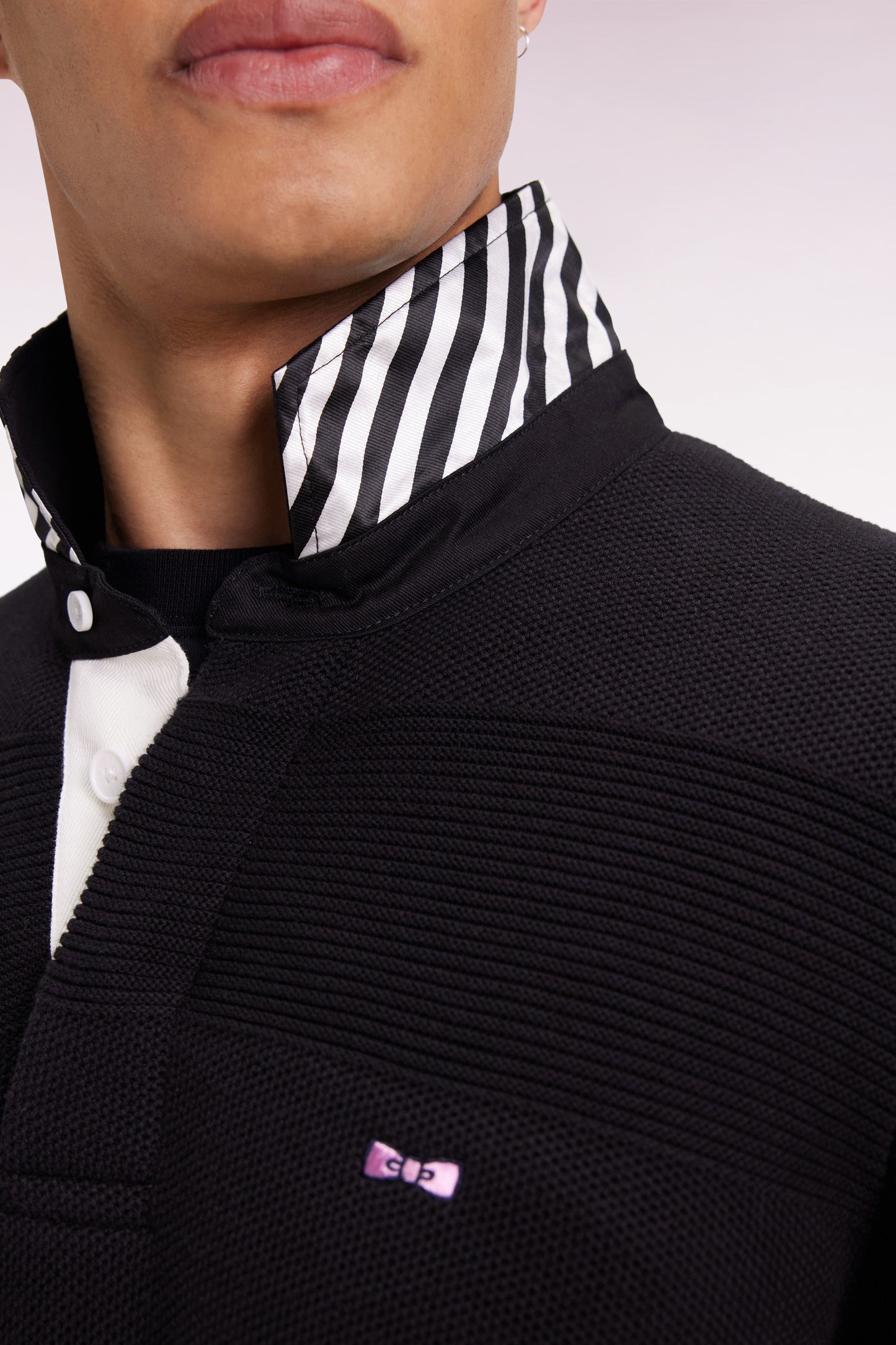 Black cotton jersey-neck sweater with stripe effect
