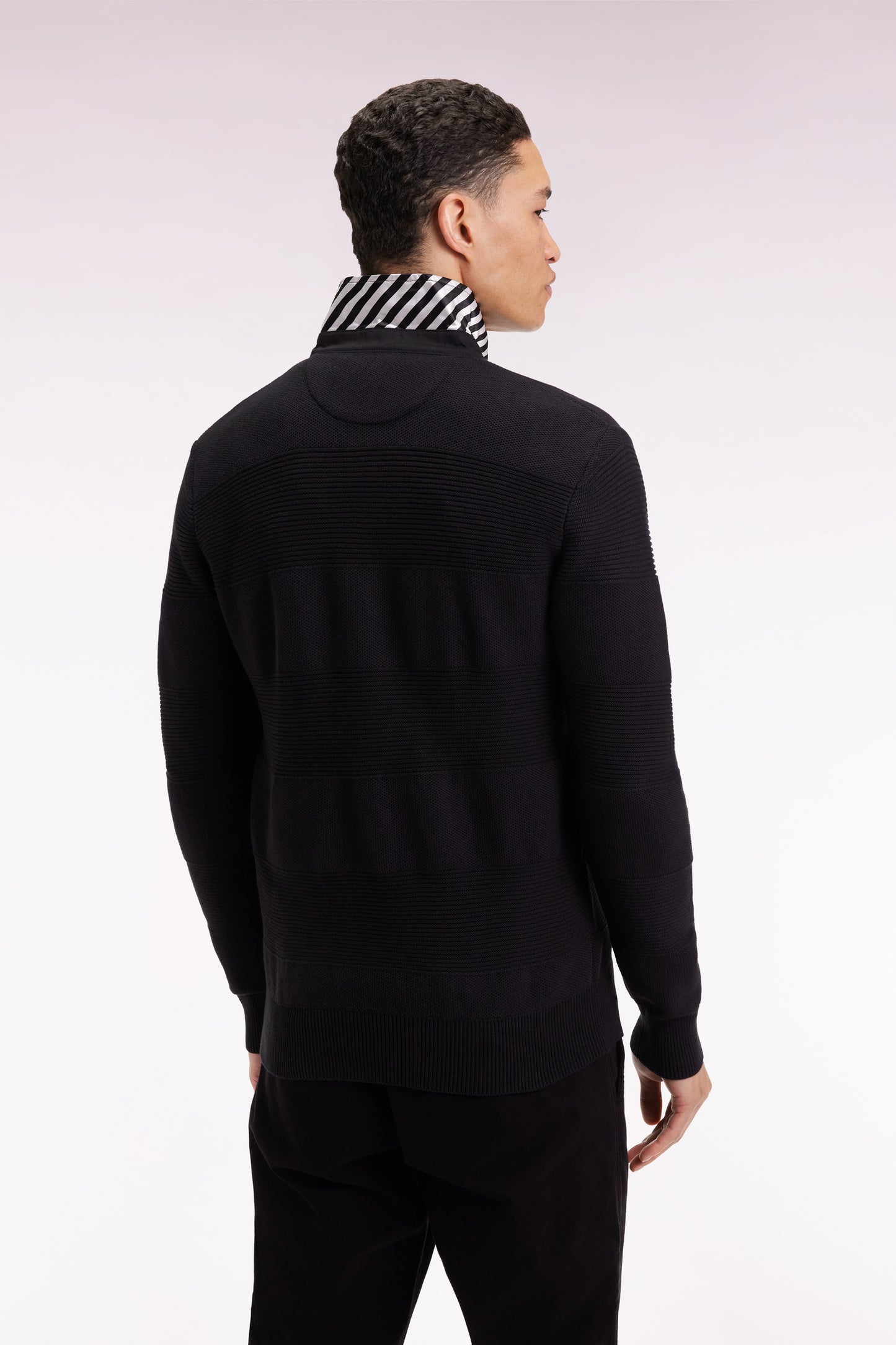 Black cotton jersey-neck sweater with stripe effect