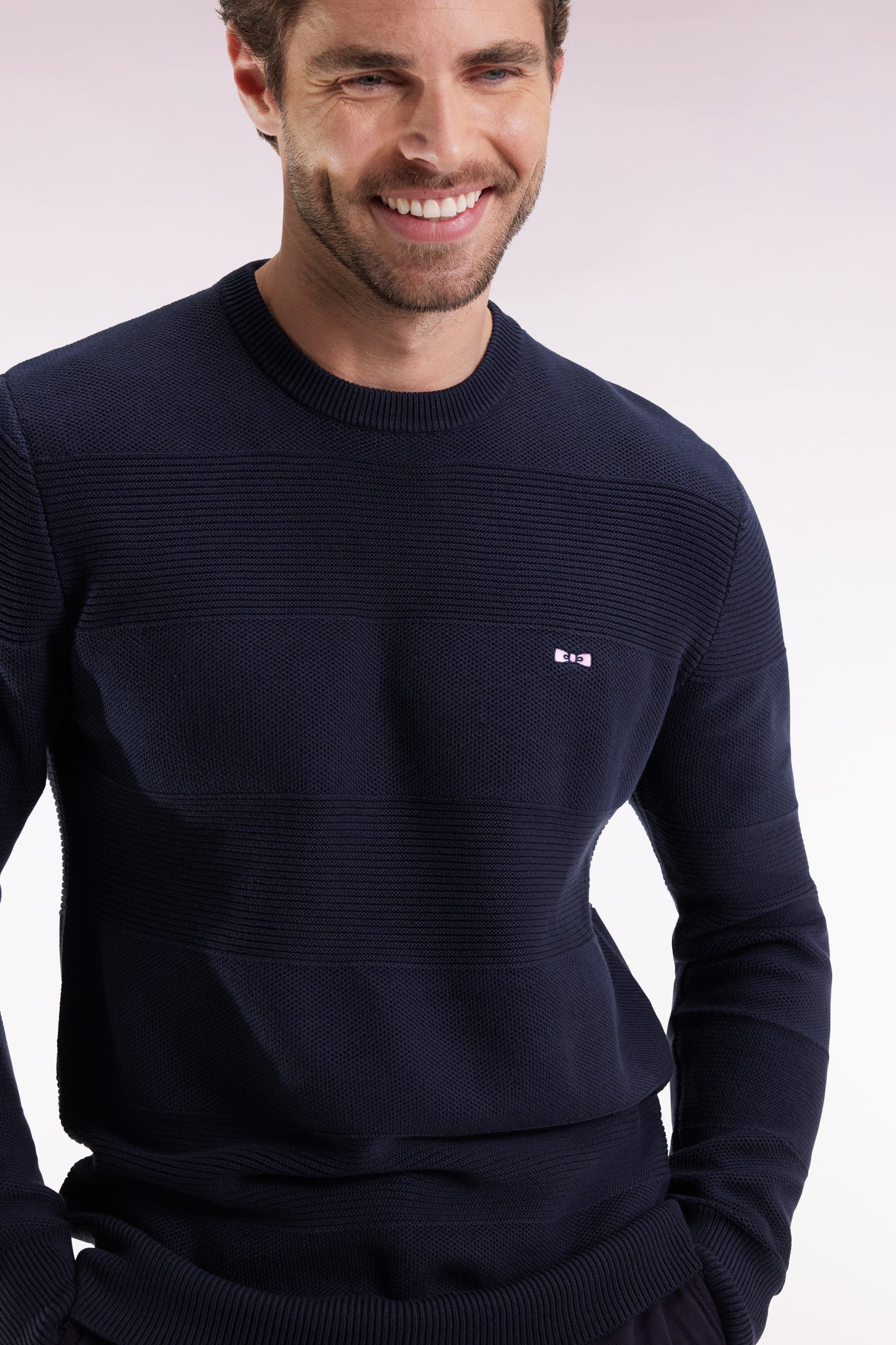 Navy cotton round-neck sweater with stripe effect