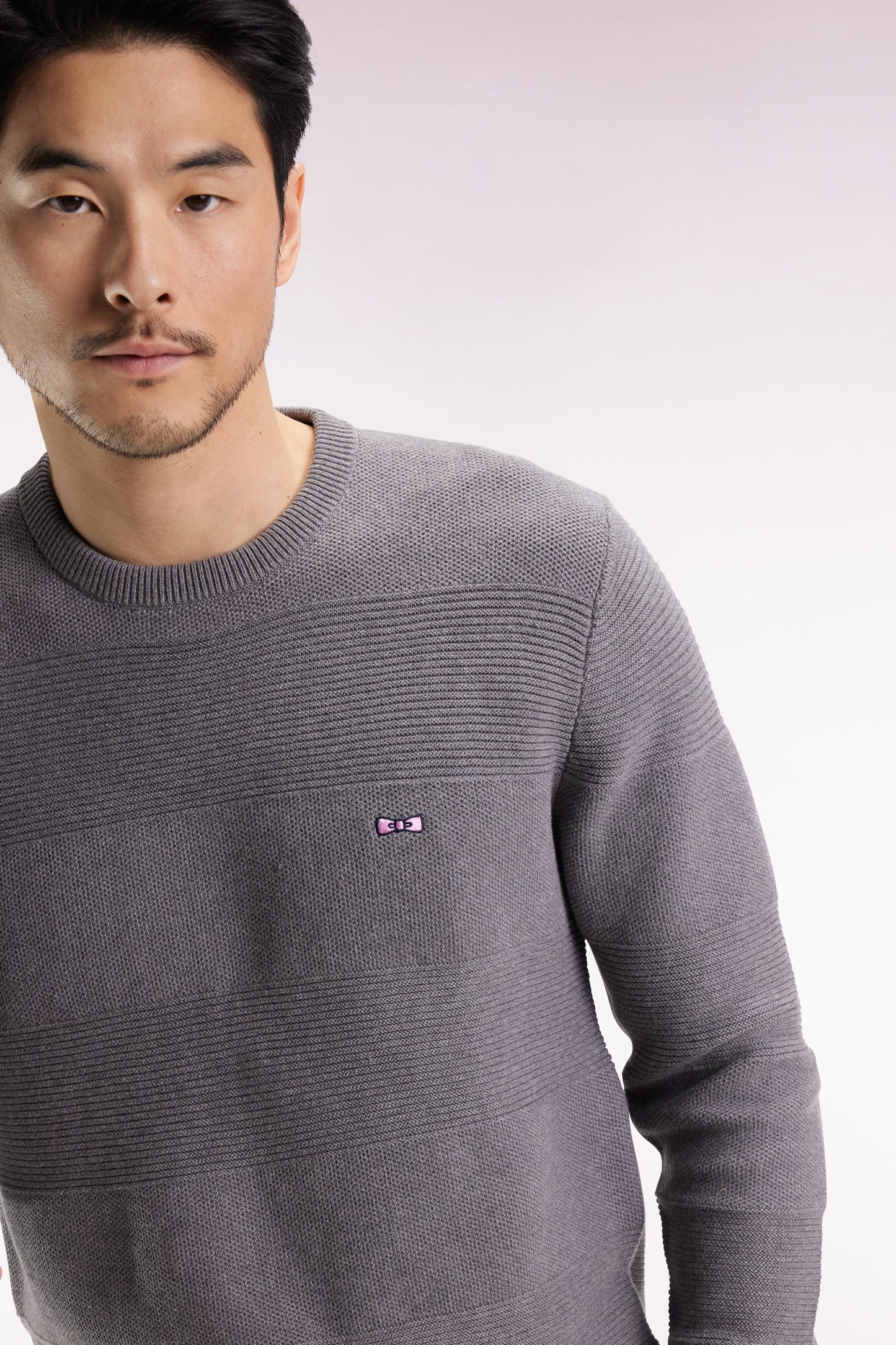 Grey cotton round-neck sweater with stripe effect
