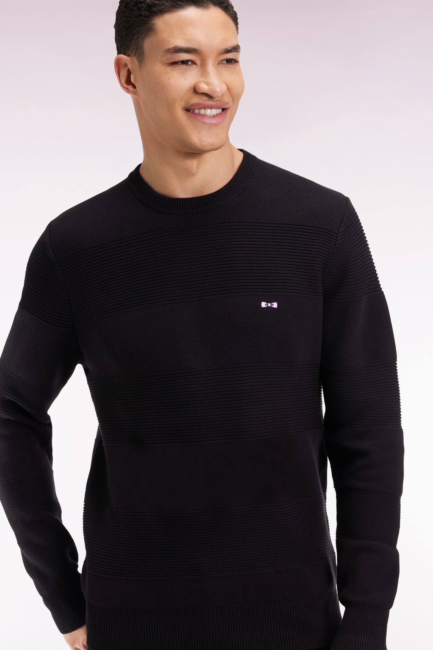 Black cotton round-neck sweater with stripe effect