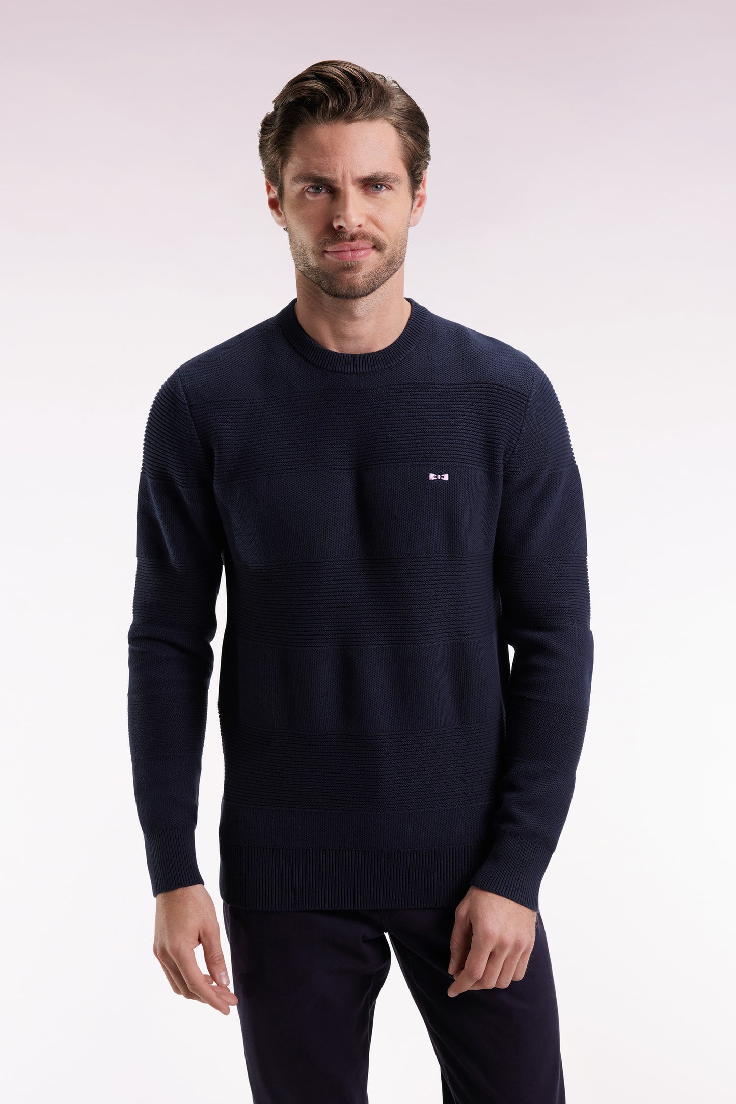 Navy cotton round-neck sweater with stripe effect