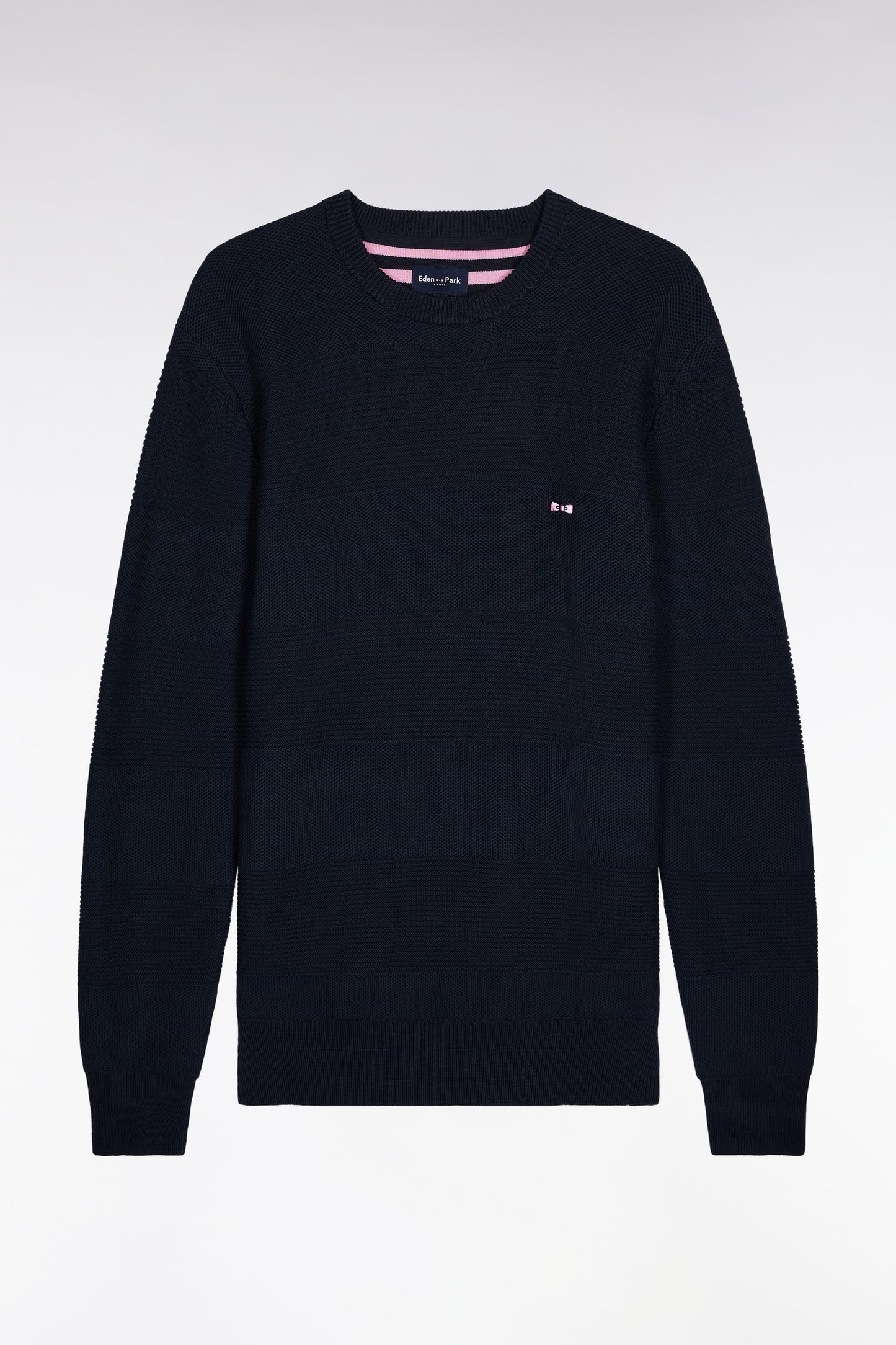 Navy cotton round-neck sweater with stripe effect