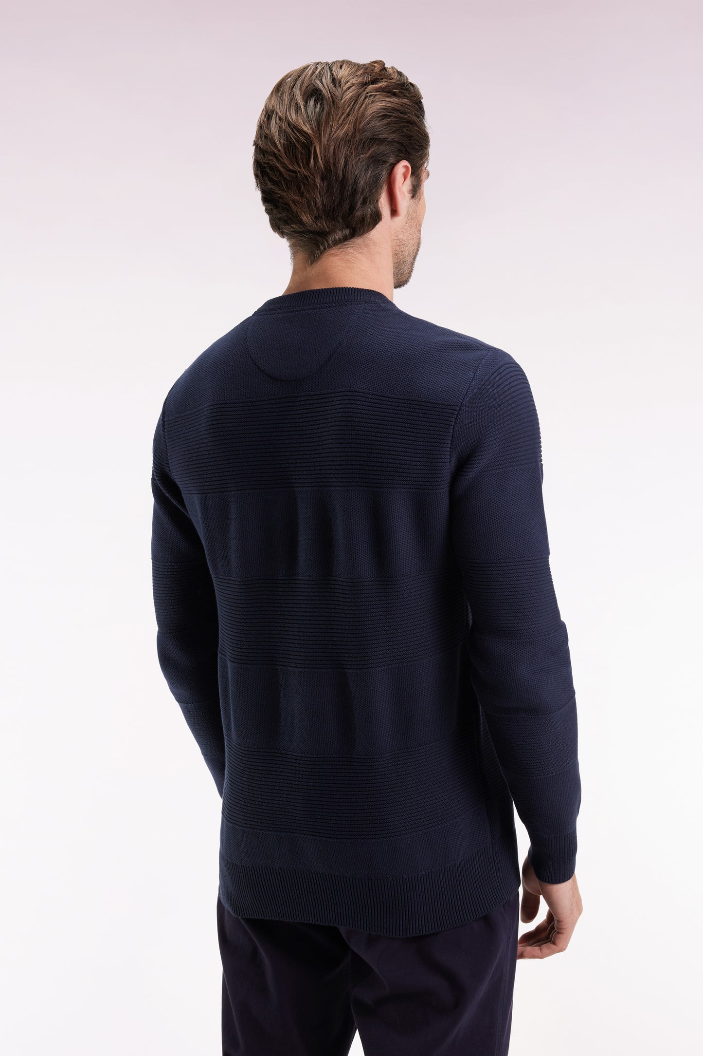 Navy cotton round-neck sweater with stripe effect