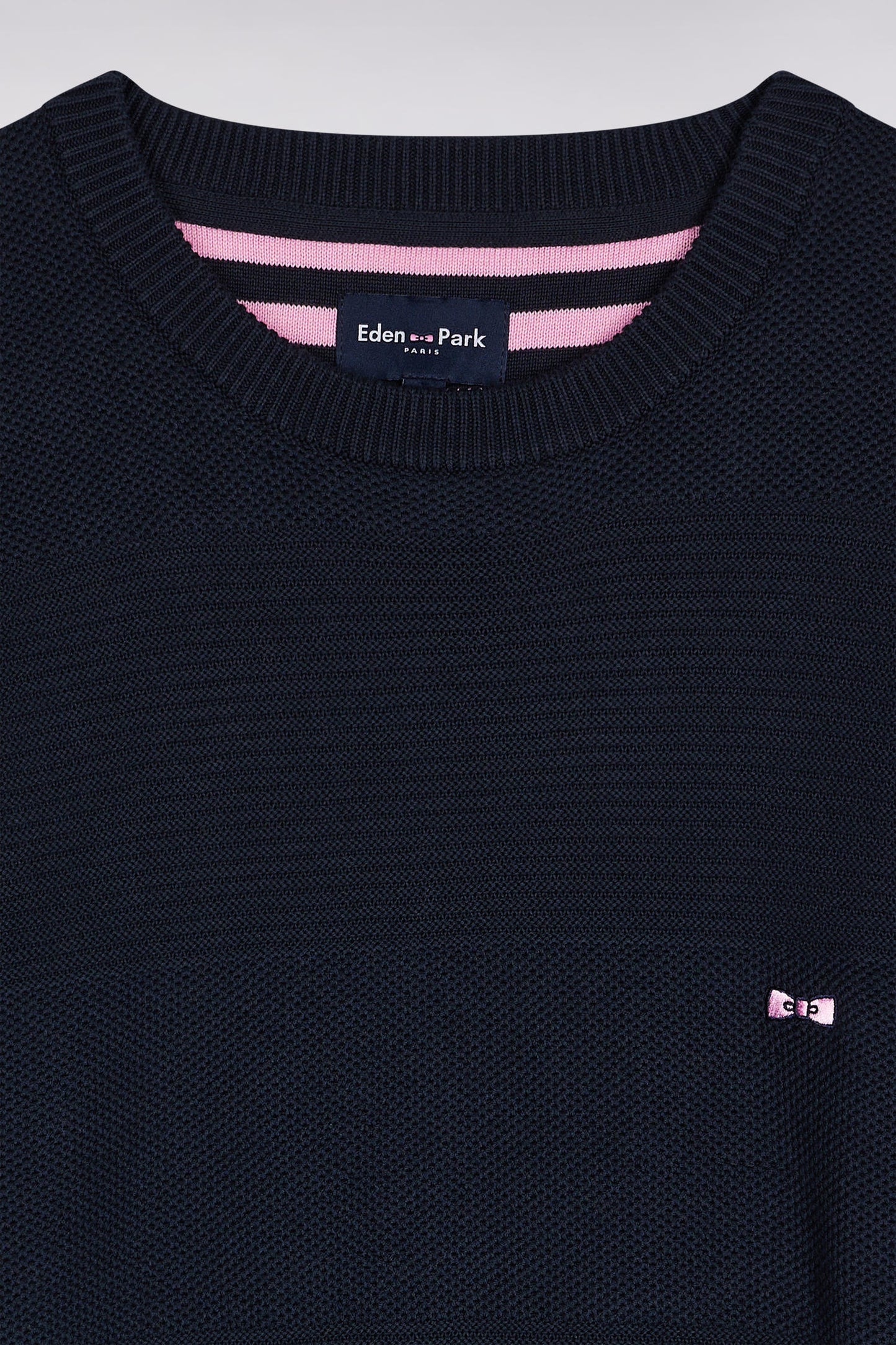 Navy cotton round-neck sweater with stripe effect