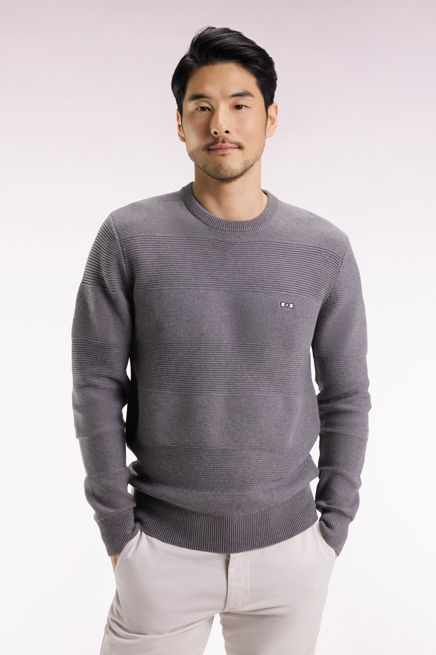 Grey cotton round-neck sweater with stripe effect
