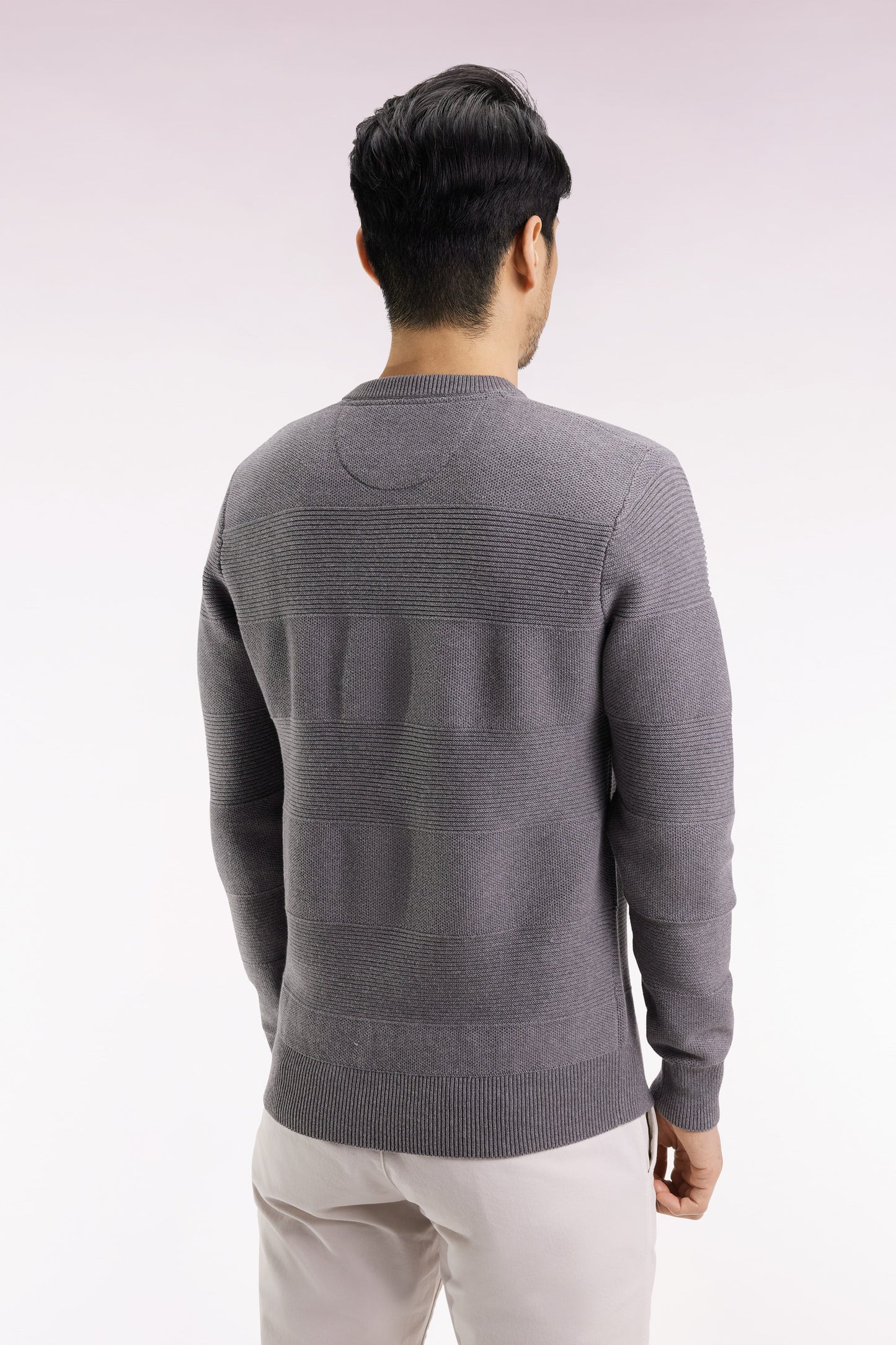 Grey cotton round-neck sweater with stripe effect