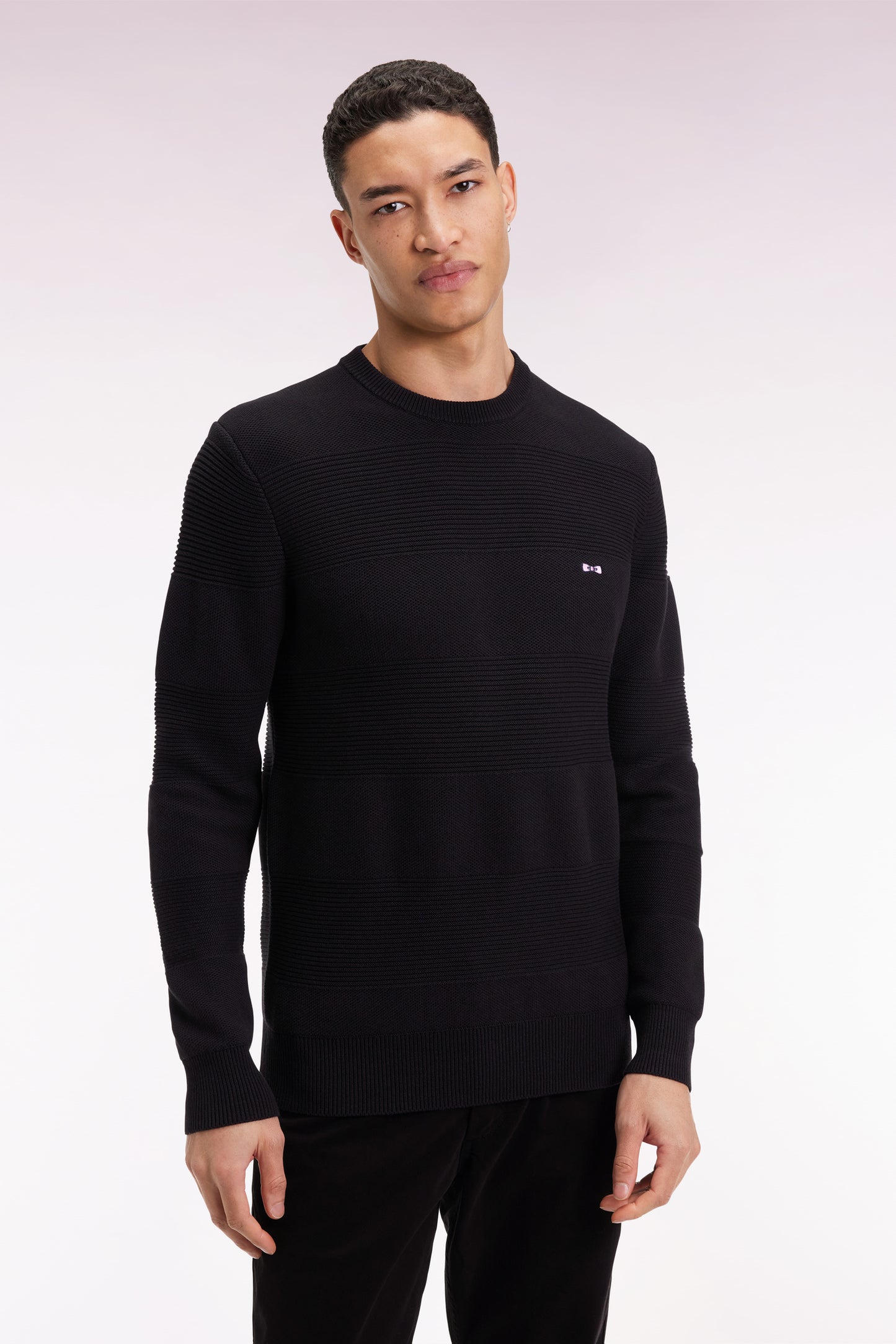 Black cotton round-neck sweater with stripe effect