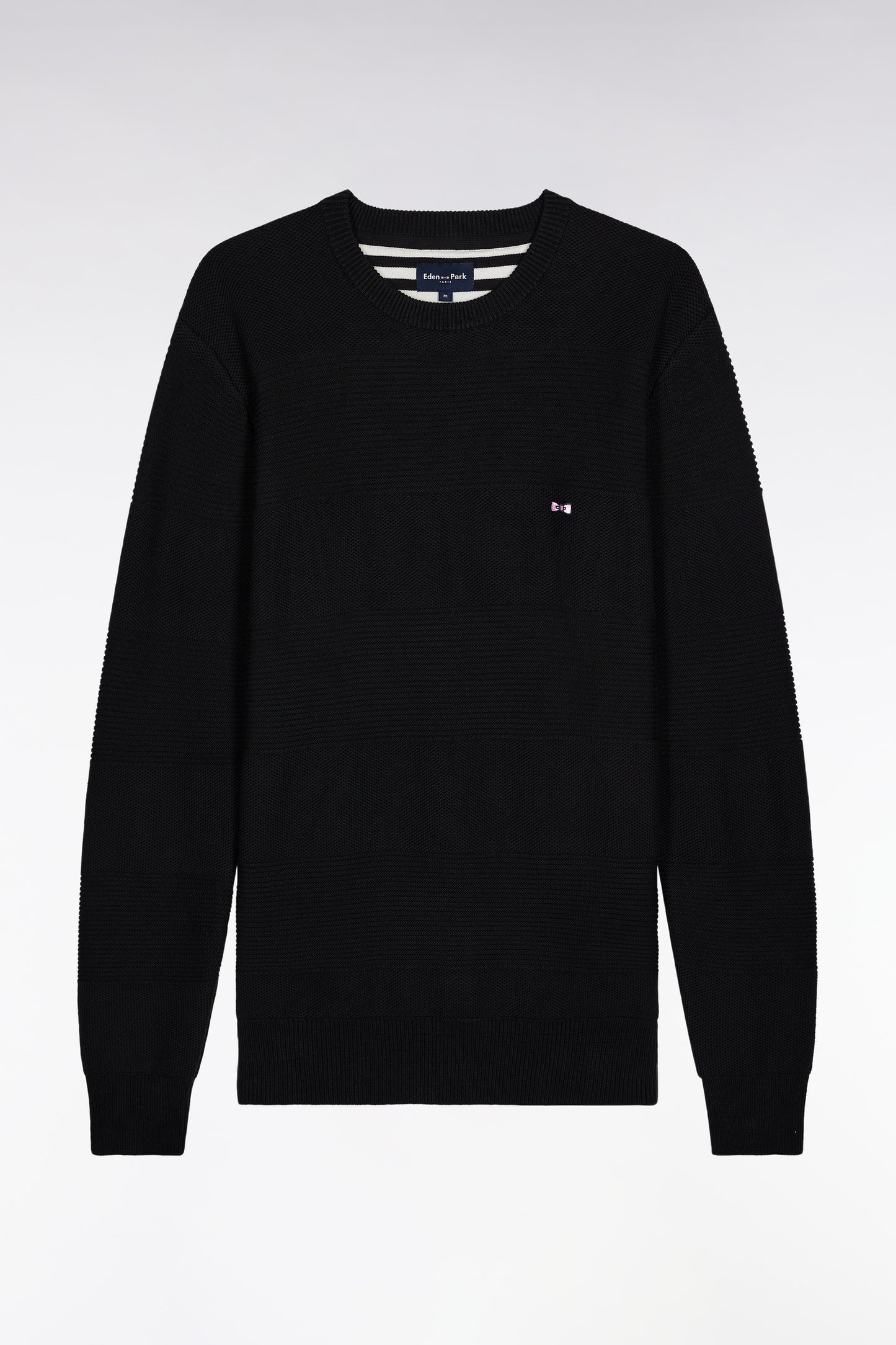 Black cotton round-neck sweater with stripe effect