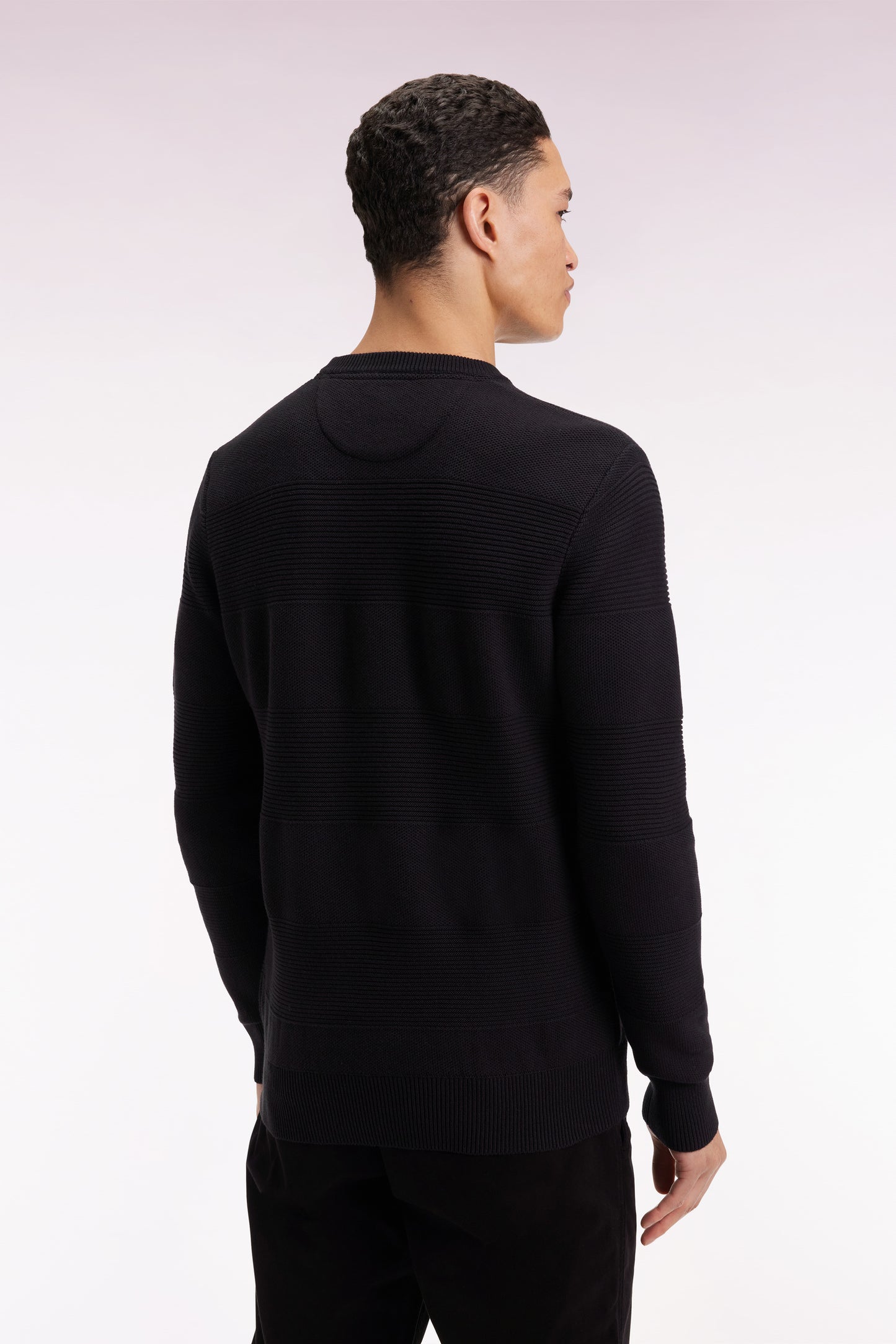 Black cotton round-neck sweater with stripe effect