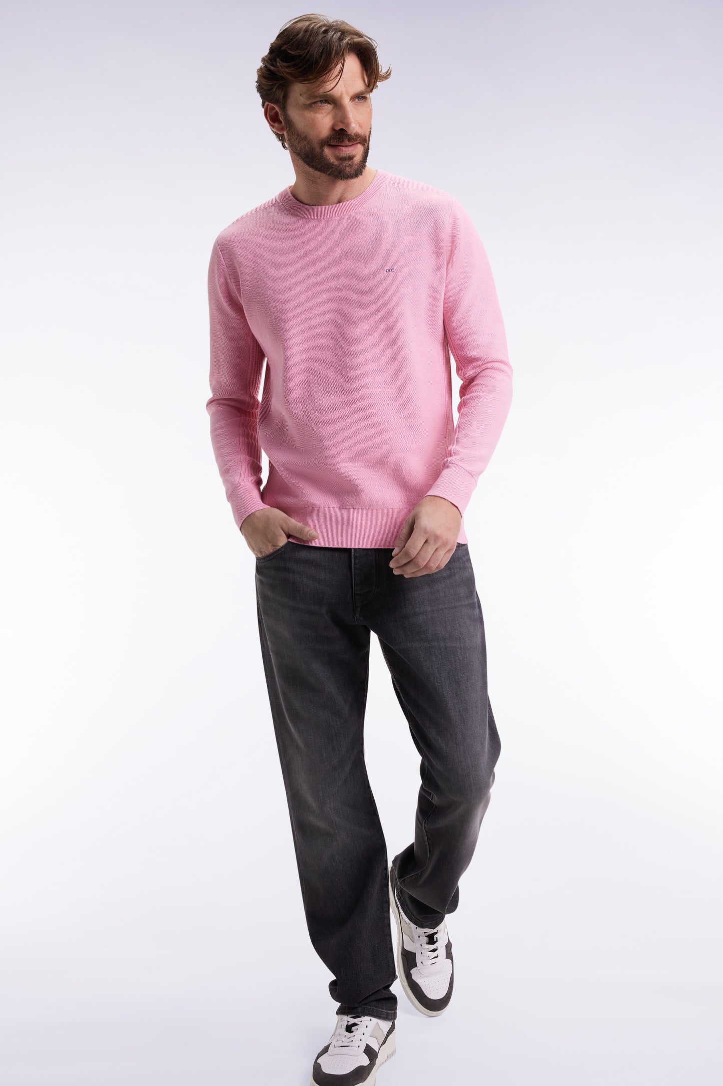 Pink cotton honeycomb round-neck sweater