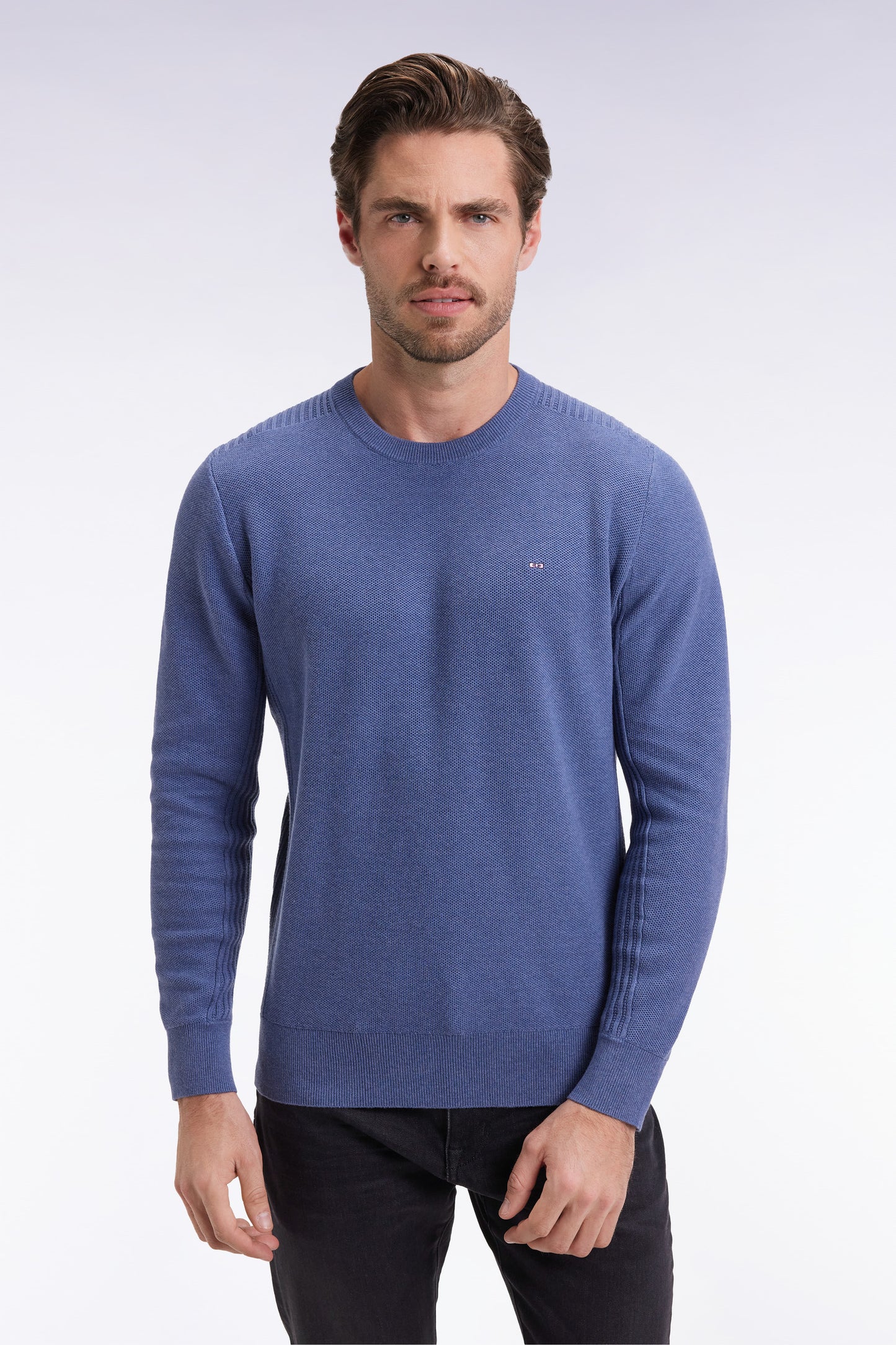 Blue cotton honeycomb round-neck sweater